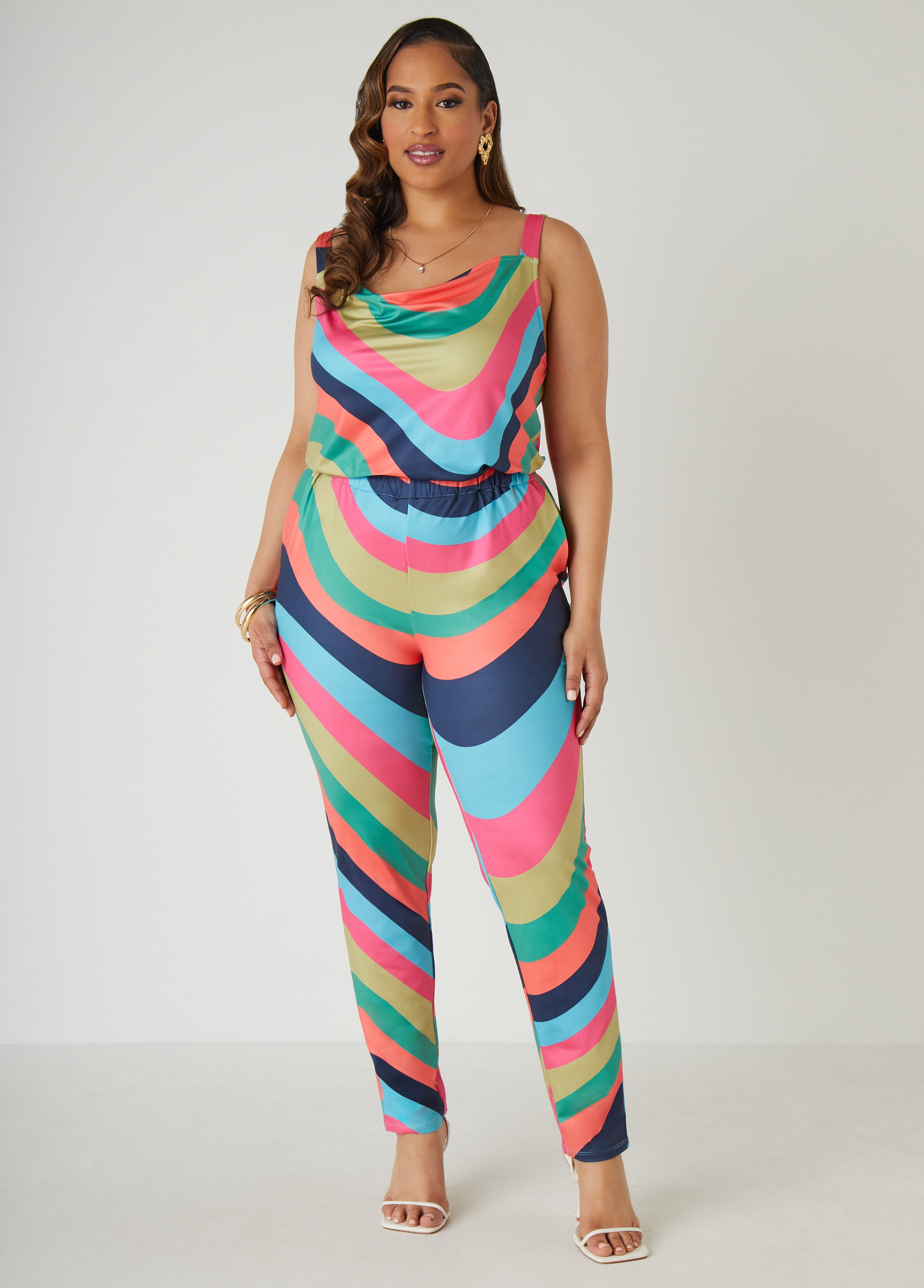 Plus Size Swirl Print Cowl Neck Catsuit