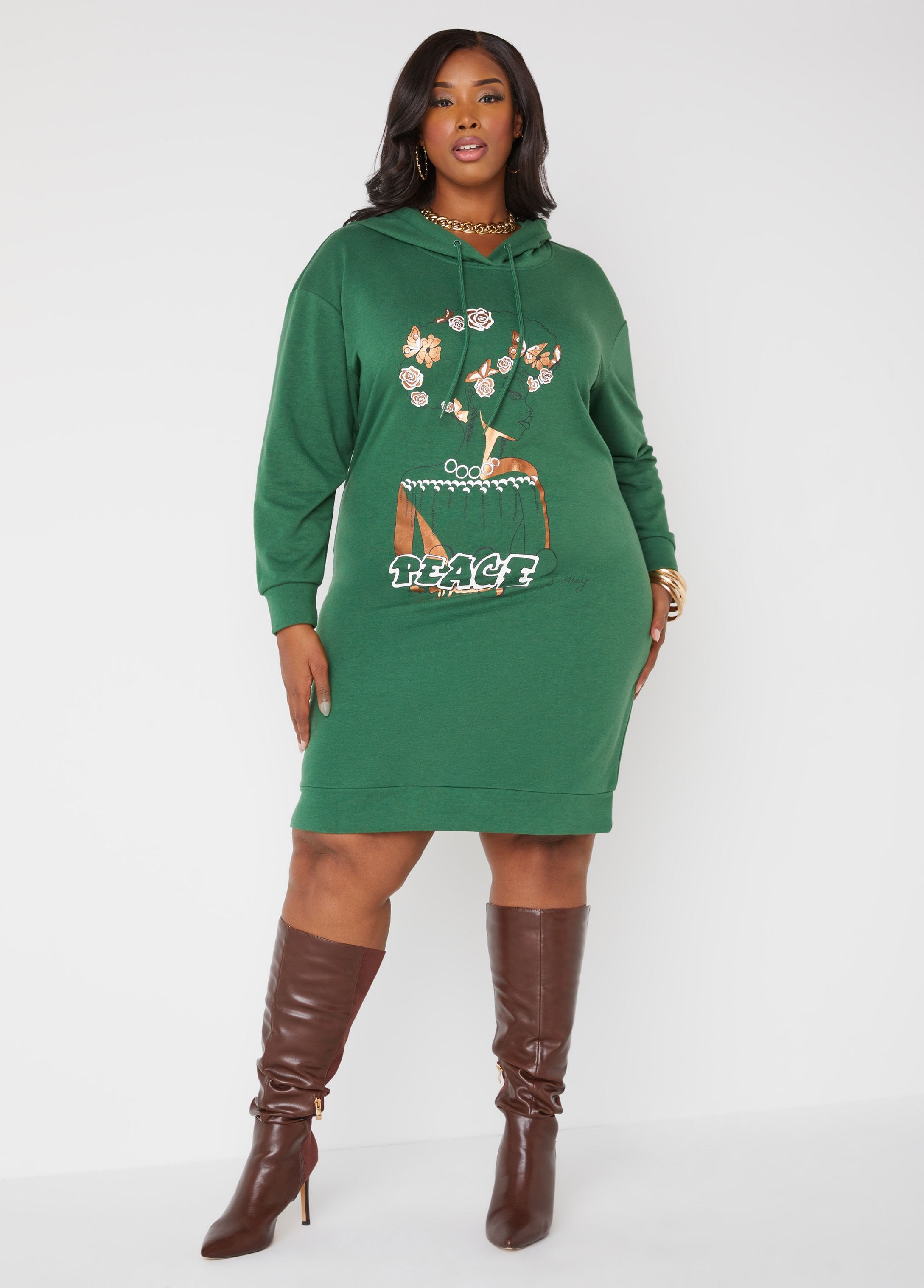 Plus Size Peace Hoodie Dress Graphic T Shirt Dress