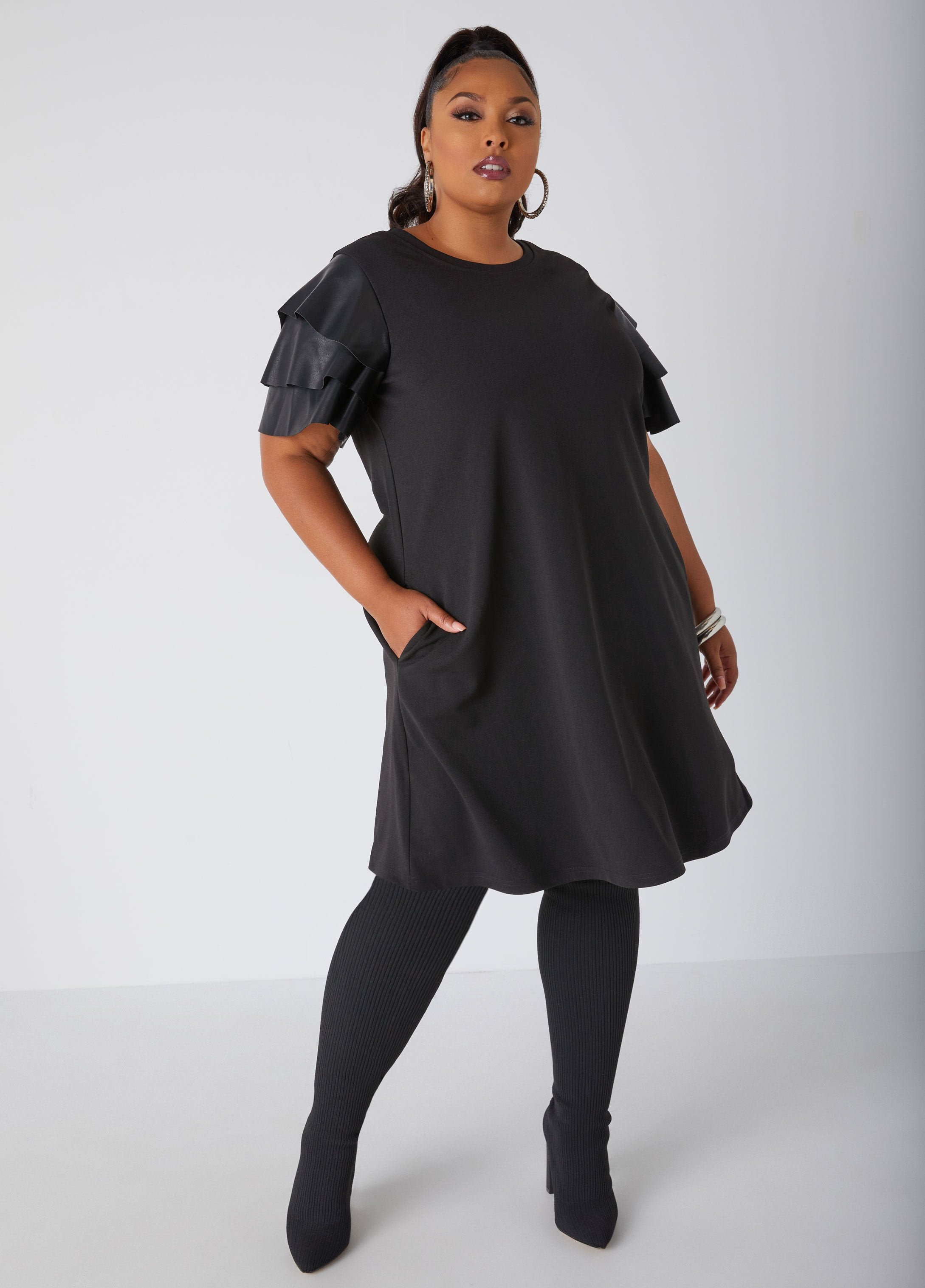 Plus Size ruffled faux leather dress a line dress trendy little black dress