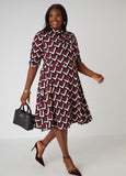 Geo Print Tie Neck A Line Dress