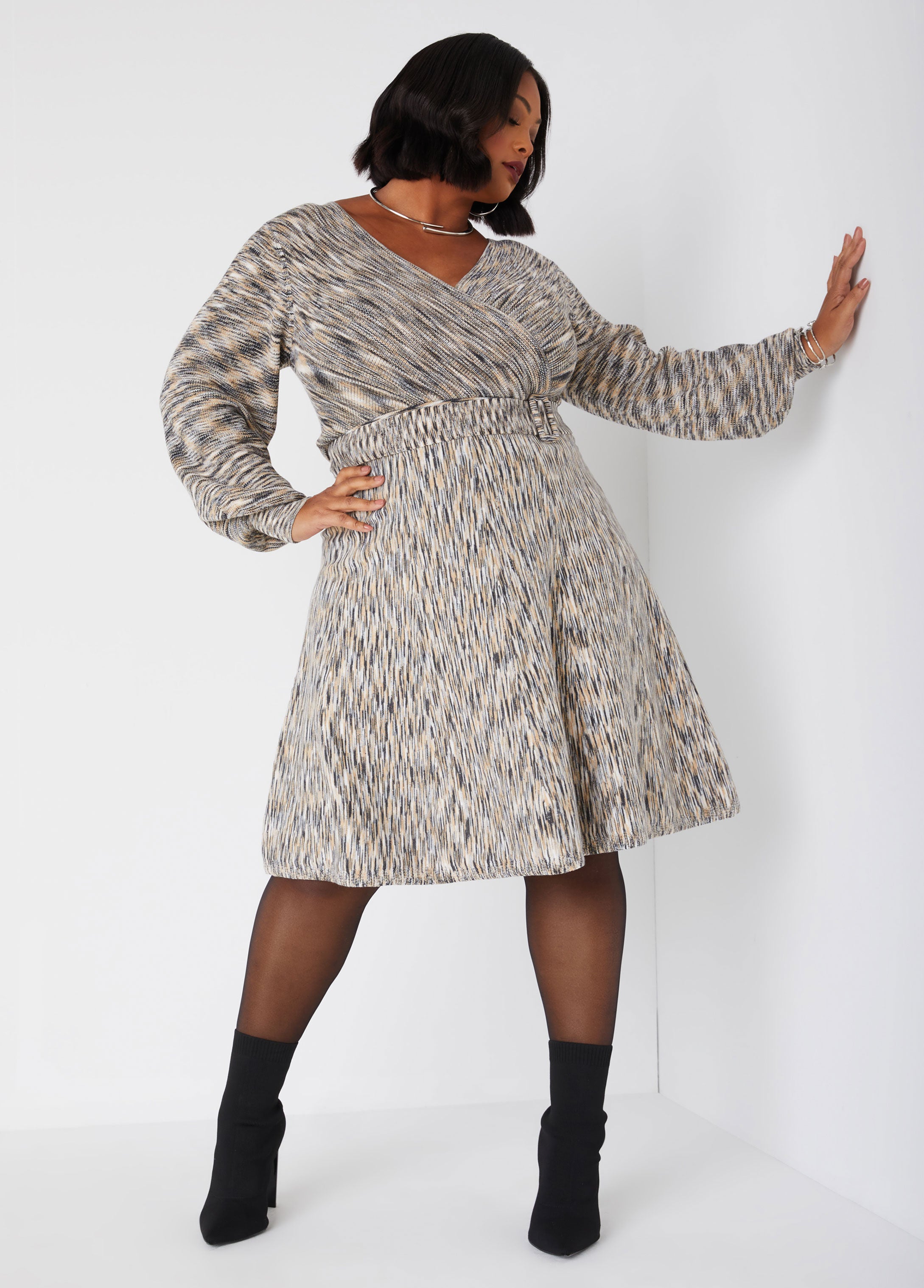 Plus Size melange knee wrap dress plus size faux wrap knit dress