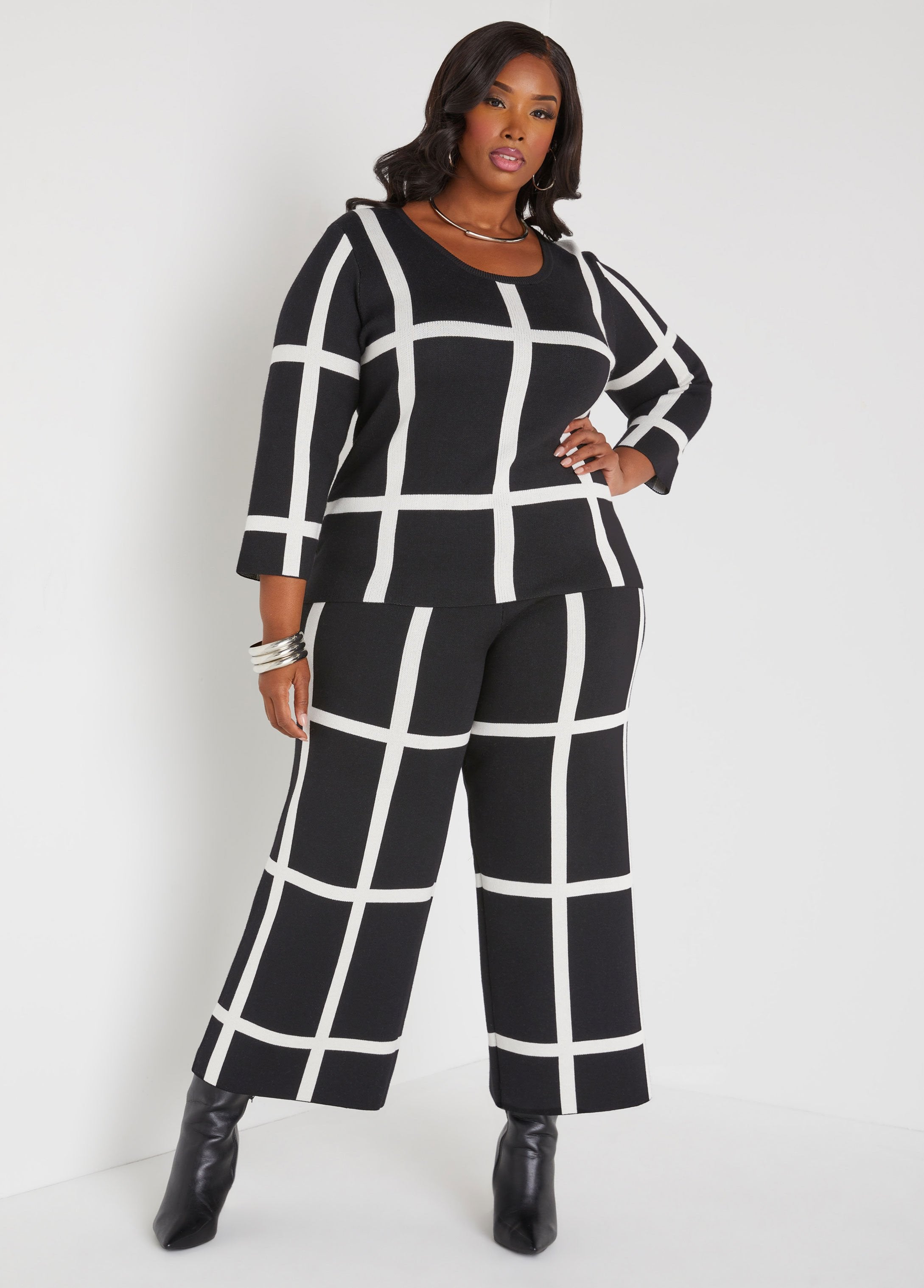 Plus Size intarsia knit sweater pants plus size straight leg pants set