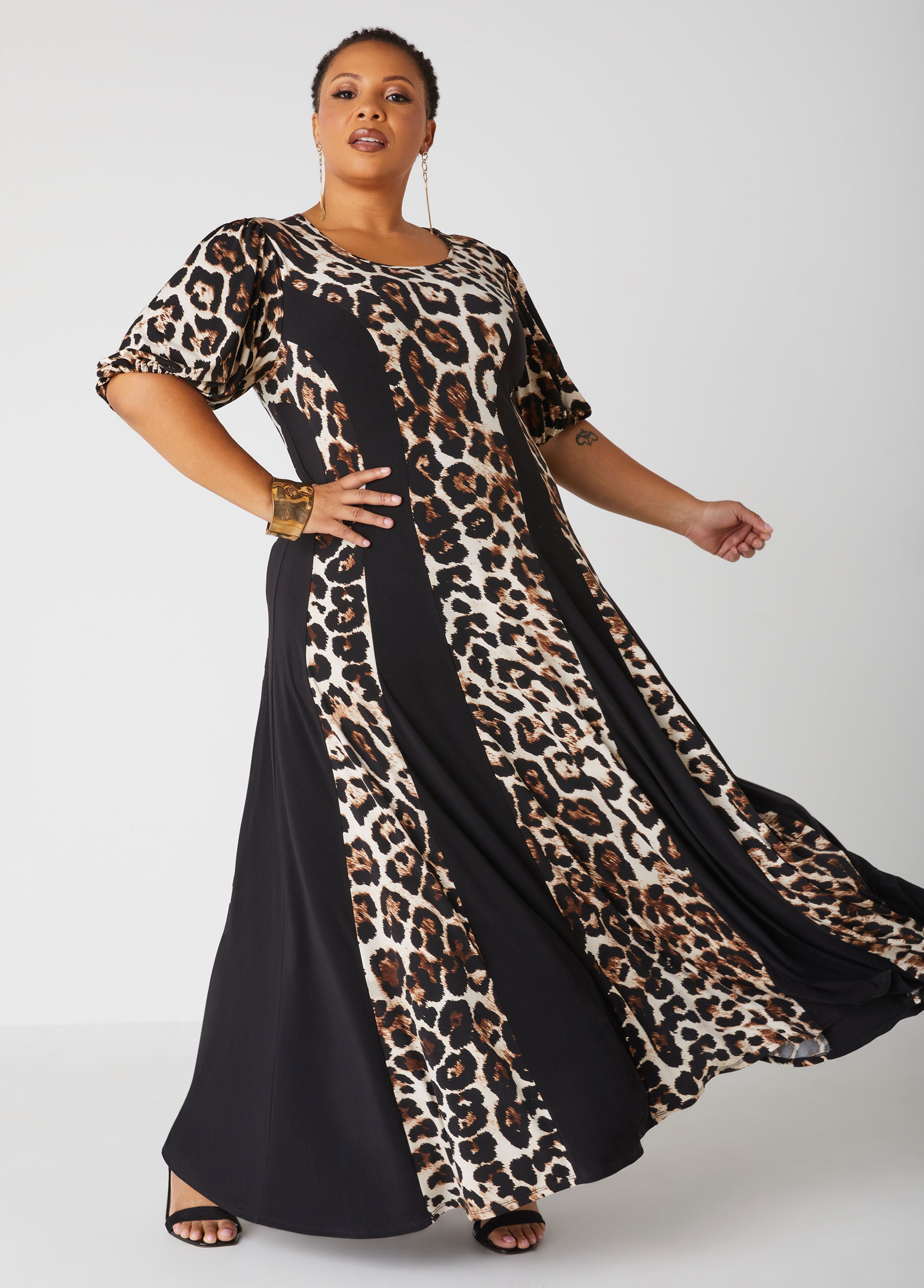 Plus Size leopard knit maxi dress plus size trendy party a line dress