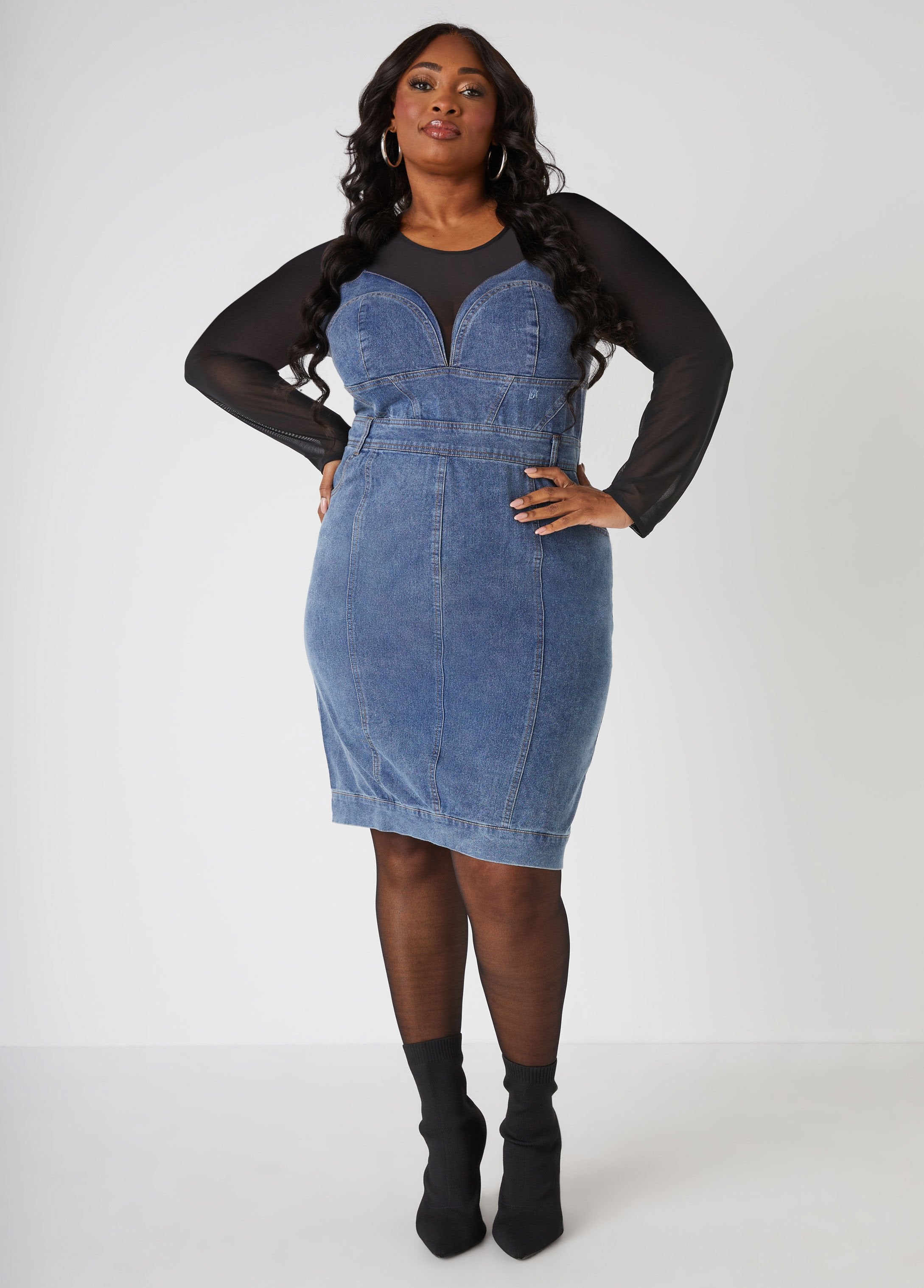 Plus Size mesh and denim bodycon dress plus size jean party dress