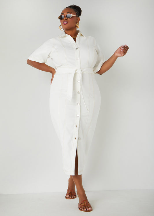 Plus Size Belted Denim Maxi Dress