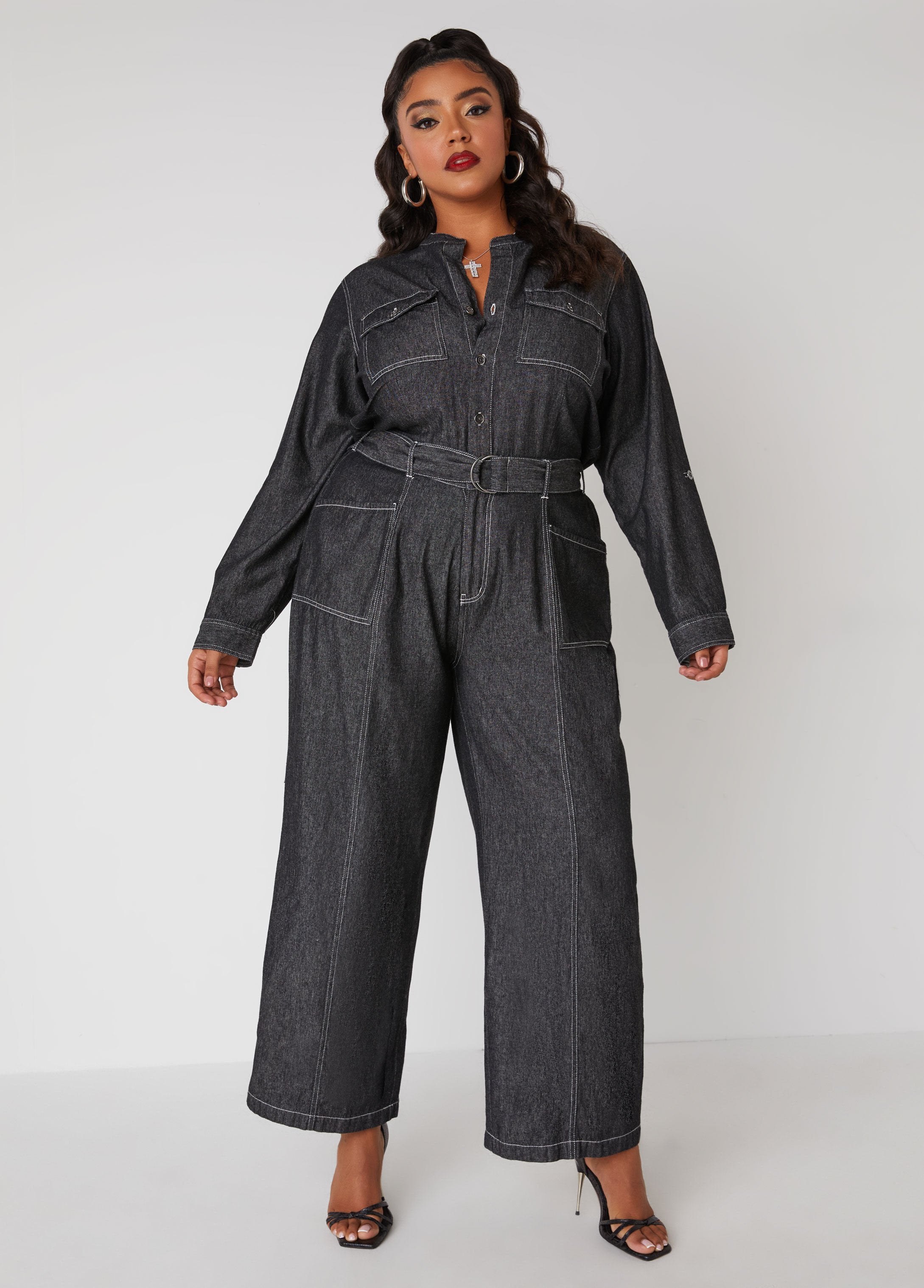 Plus Size denim jumpsuit jean dress chambray straight leg jumpsuit