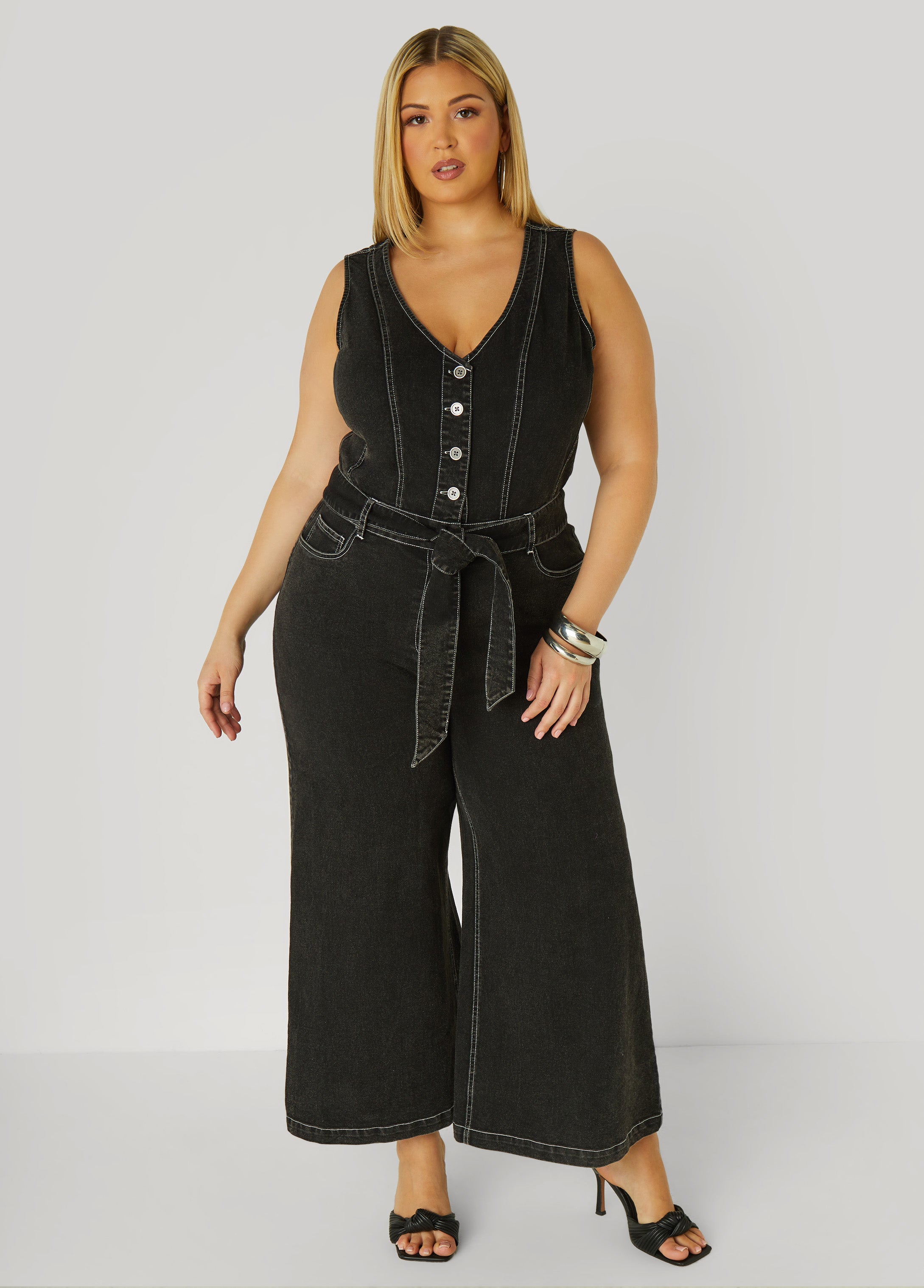 Plus Size Belted Denim Wide Leg Jumpsuit
