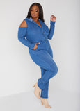 Cold Shoulder Hooded Denim Jumpsuit