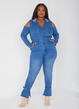 Plus Size denim jumpsuit plus size cold shoulder jean jumpsuit