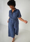 Striped Chambray Wide Leg Jumpsuit