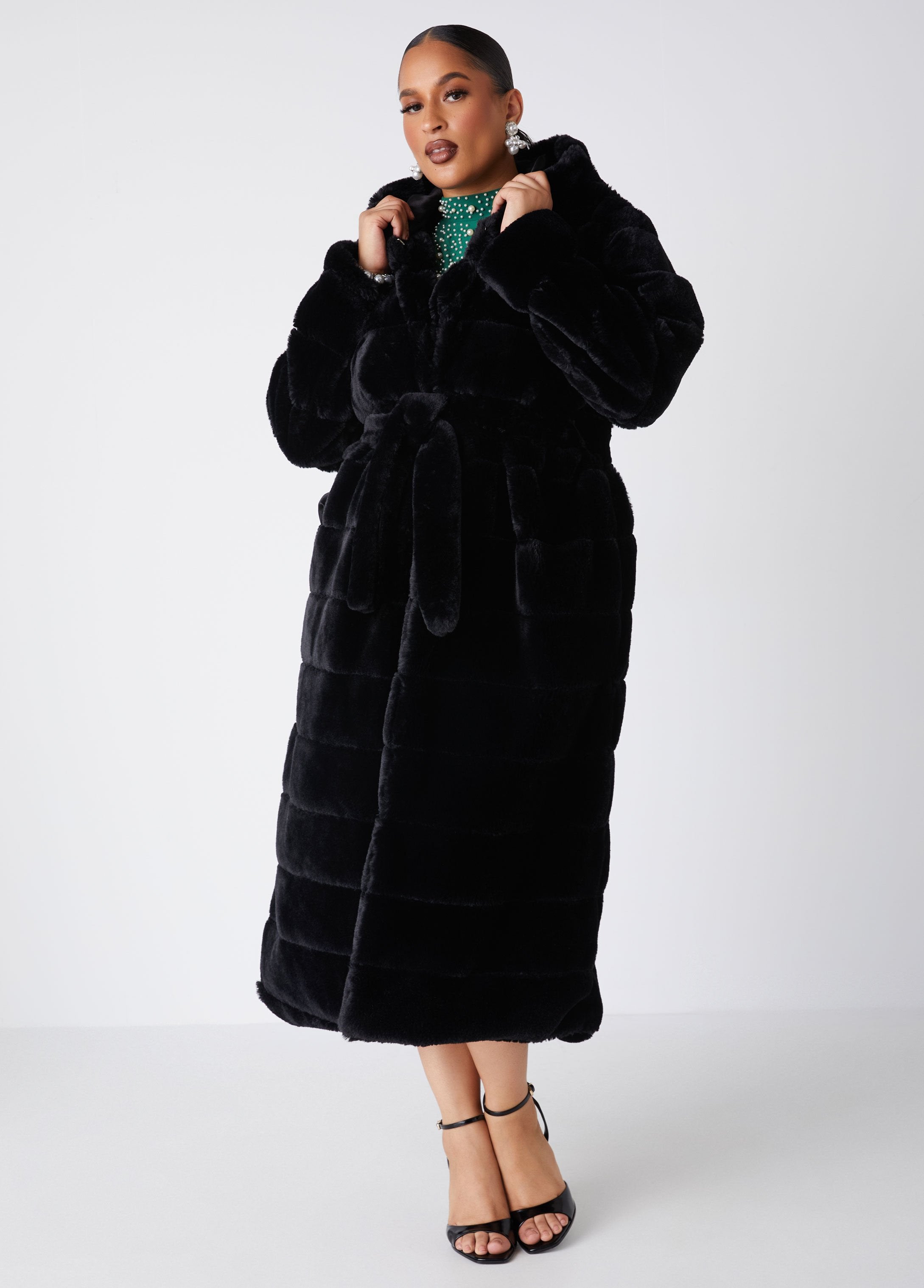 Plus Size hooded faux fur coat plus size long plush coats