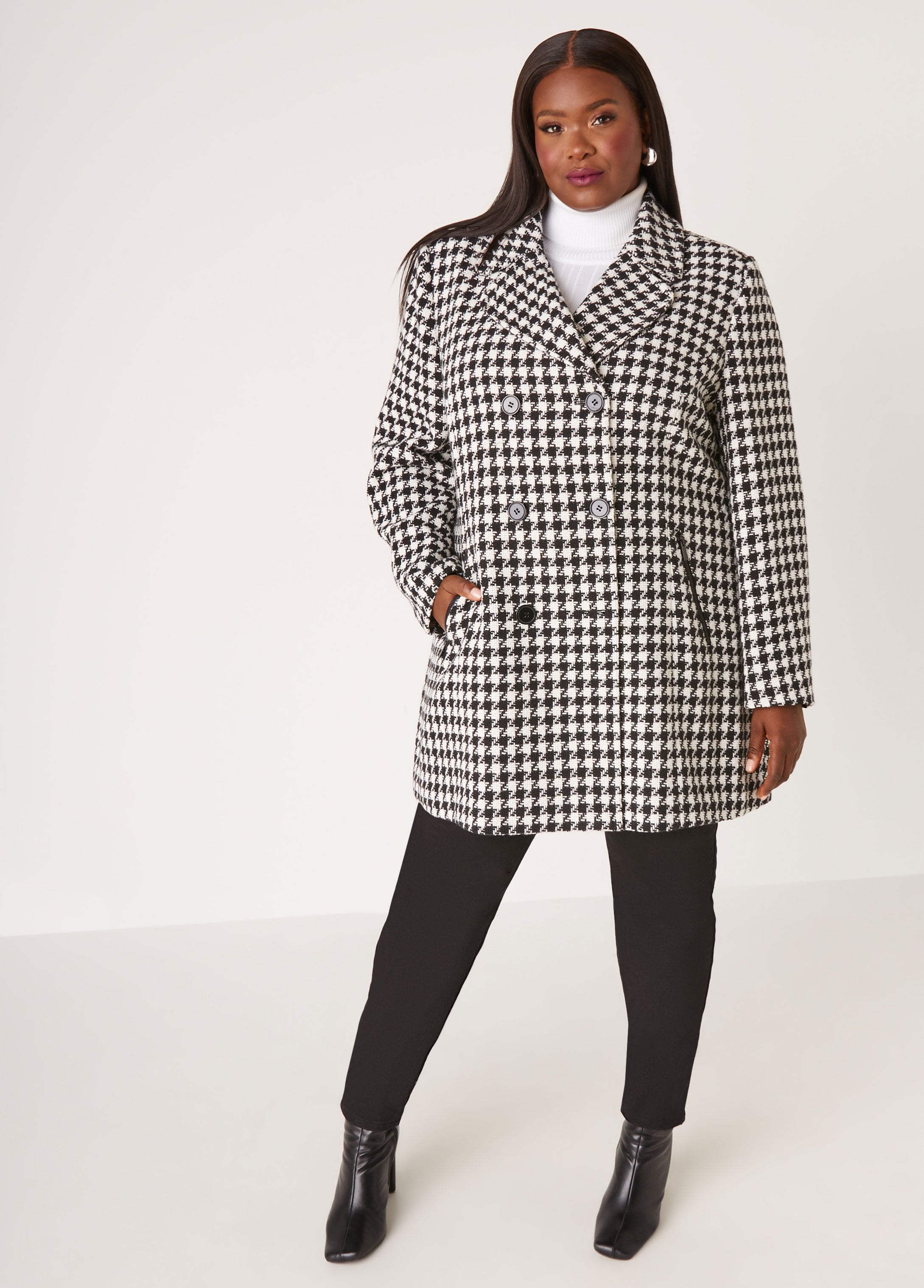 Plus Size Houndstooth Coat Trendy Plus Size Double Breast Peacoats