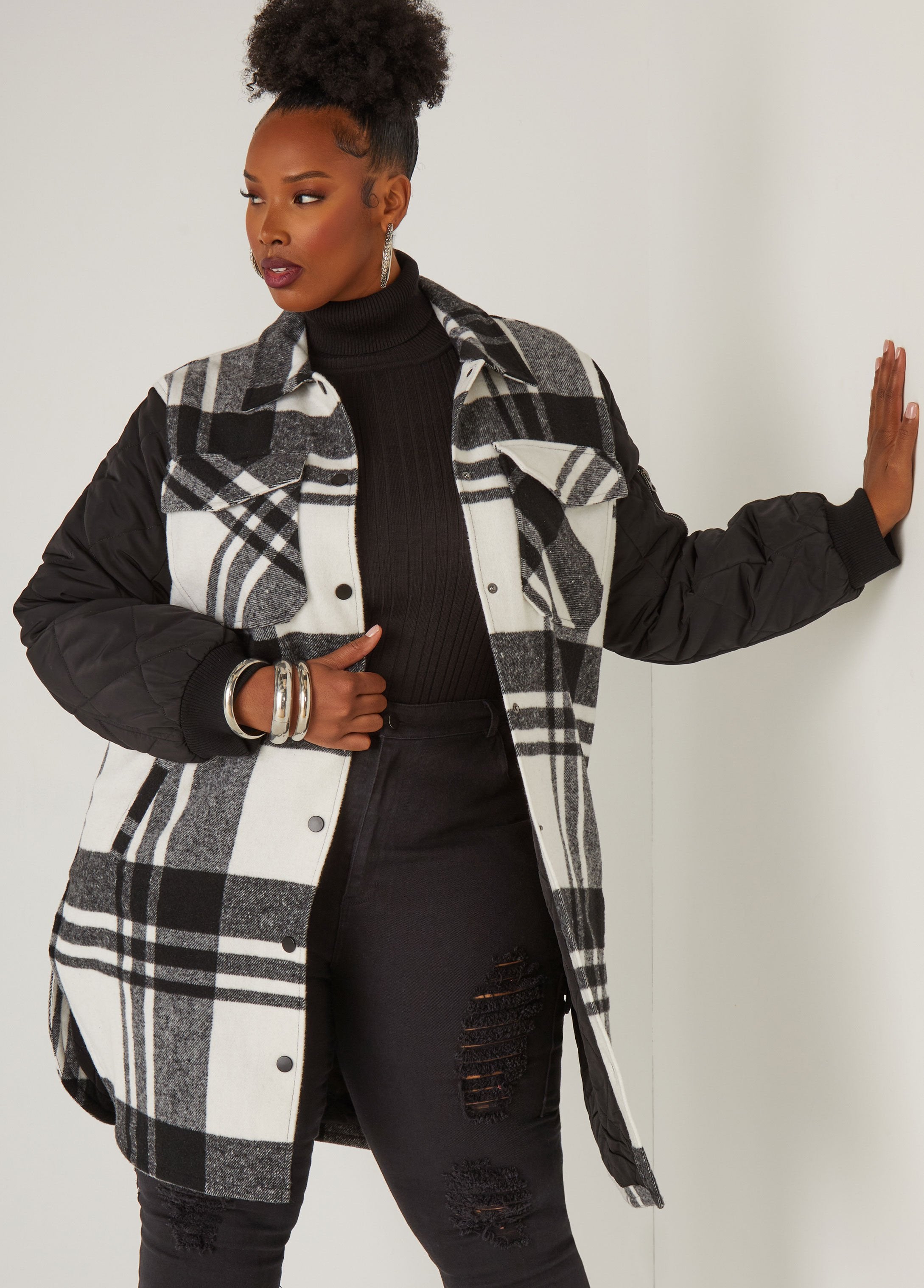 Plus Size Shacket Plaid Flannel Jacket Plus Size Fall Quilted Jacket