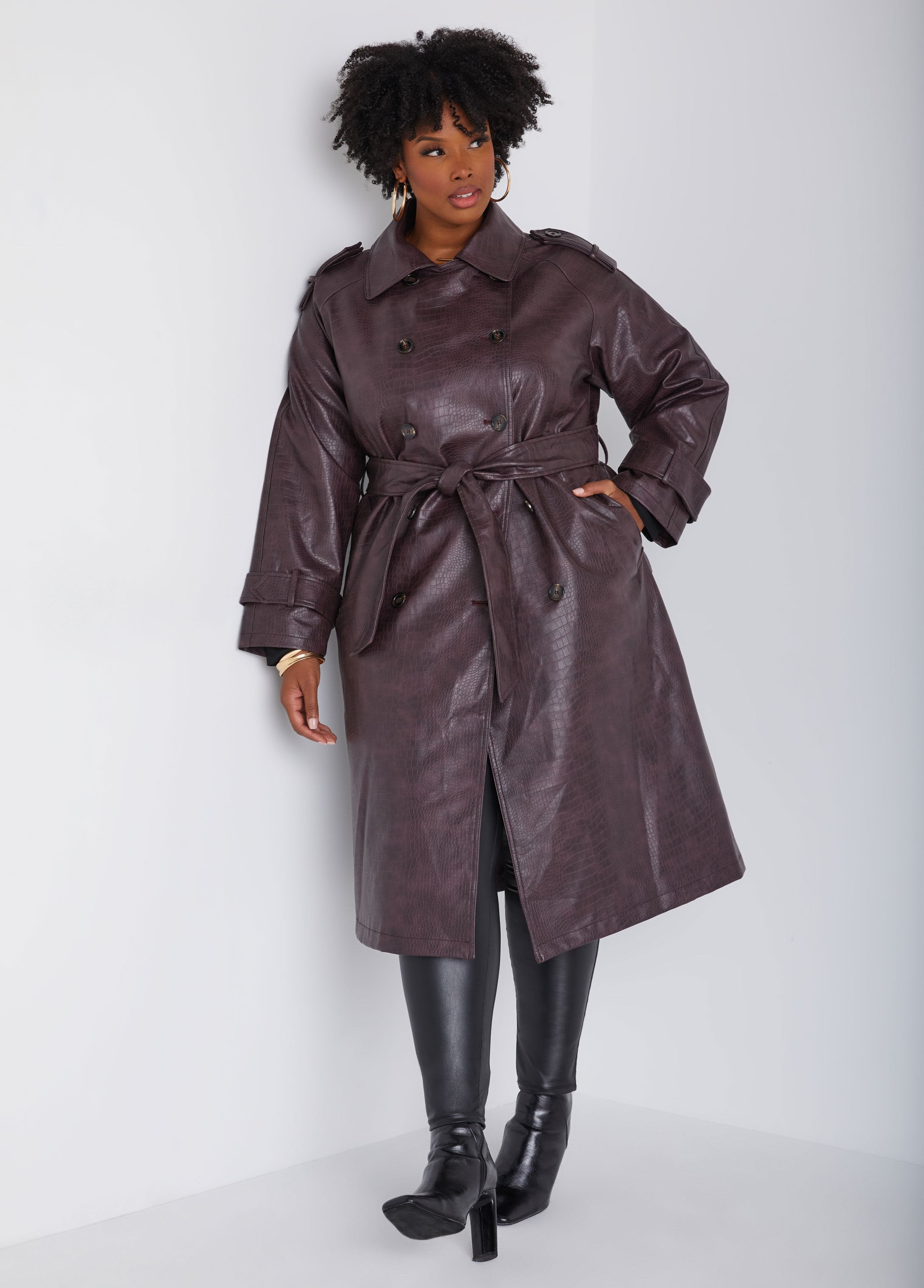 Plus Size Leather Trench Coat Croc Effect Coat Plus Size Fall Coat