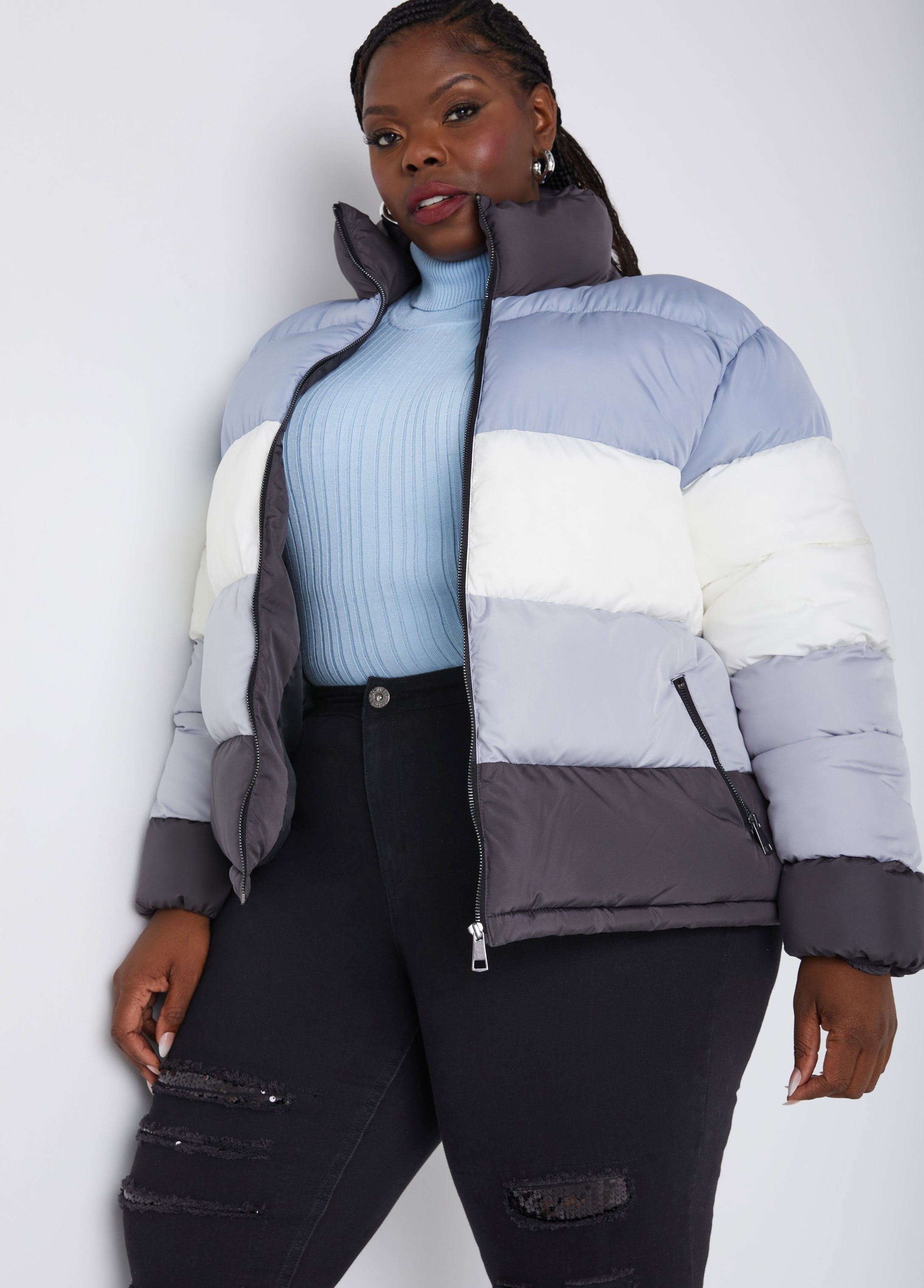 Plus Size Colorblock Jacket Plus Size Puffer Coat Plus Size Winter Jacket