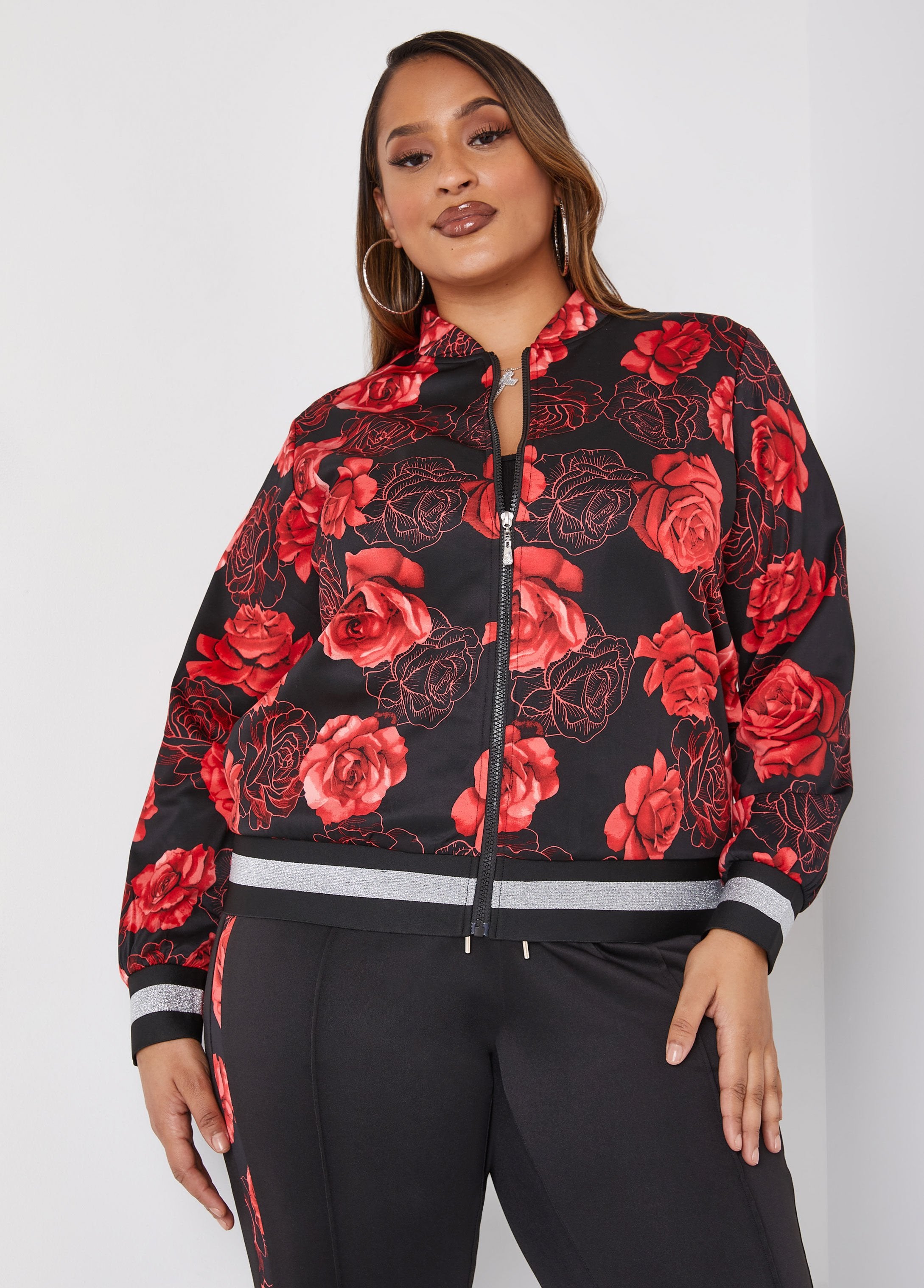 Plus Size Floral Track Jacket 2000 fashion Y2K Streetwear Set