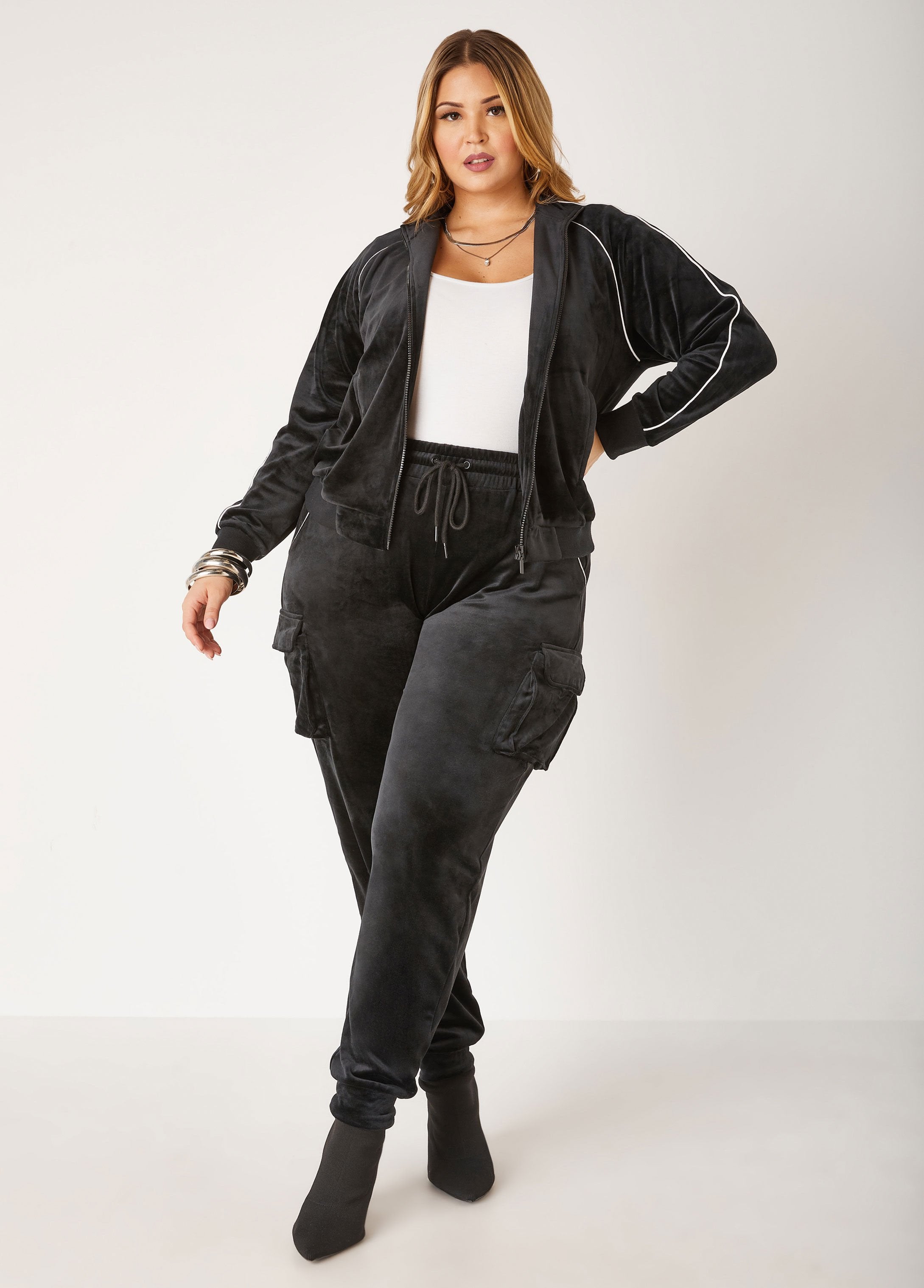 Plus Size Piped Velour Joggers Plus Size Y2K Streetwear