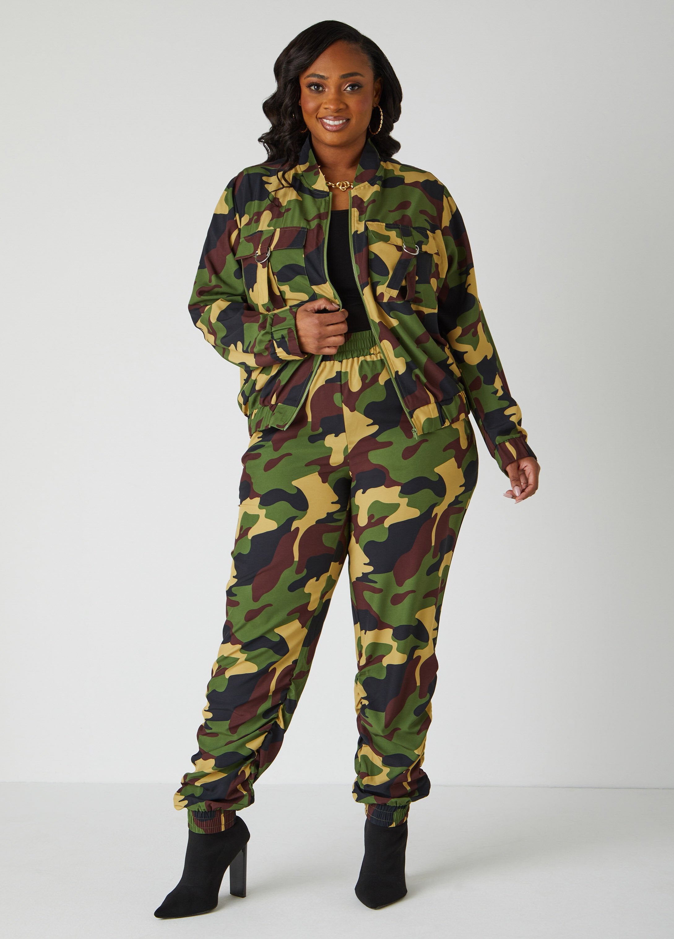 Plus Satin Camo Print Joggers Plus Size Two Piece Athleisure Set