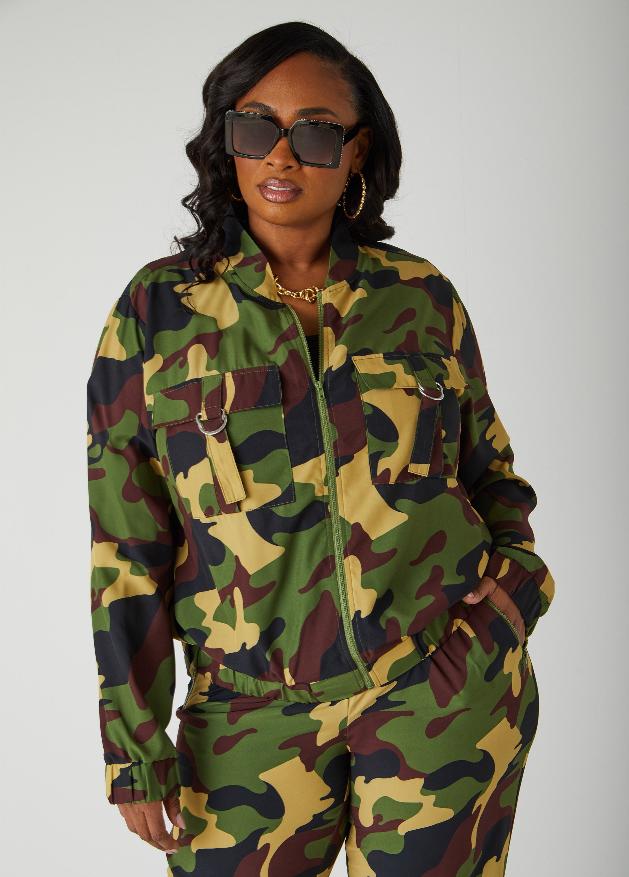 Plus Satin Camo Print Jacket Plus Size Two Piece Athleisure Set