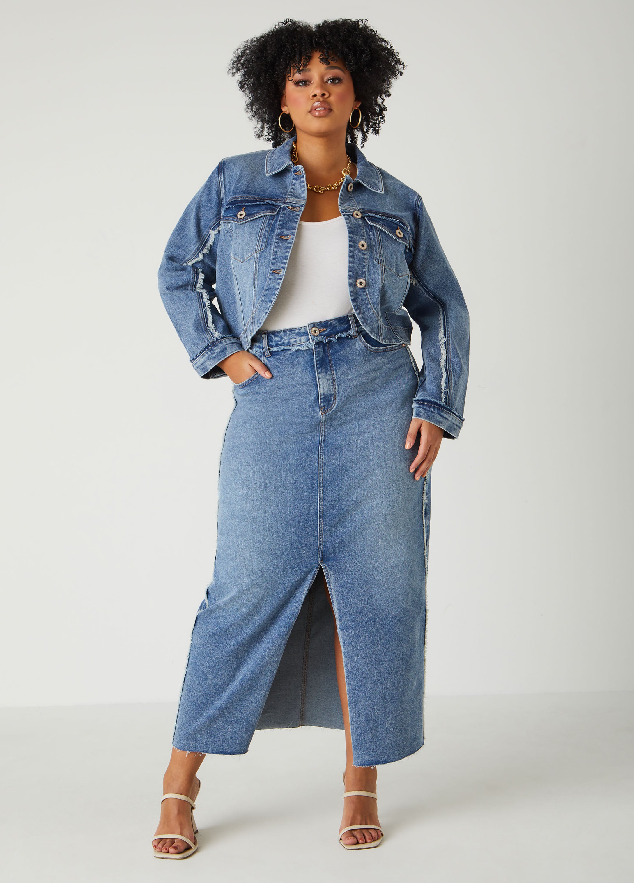 Plus Size Frayed Split Denim Maxi Skirt