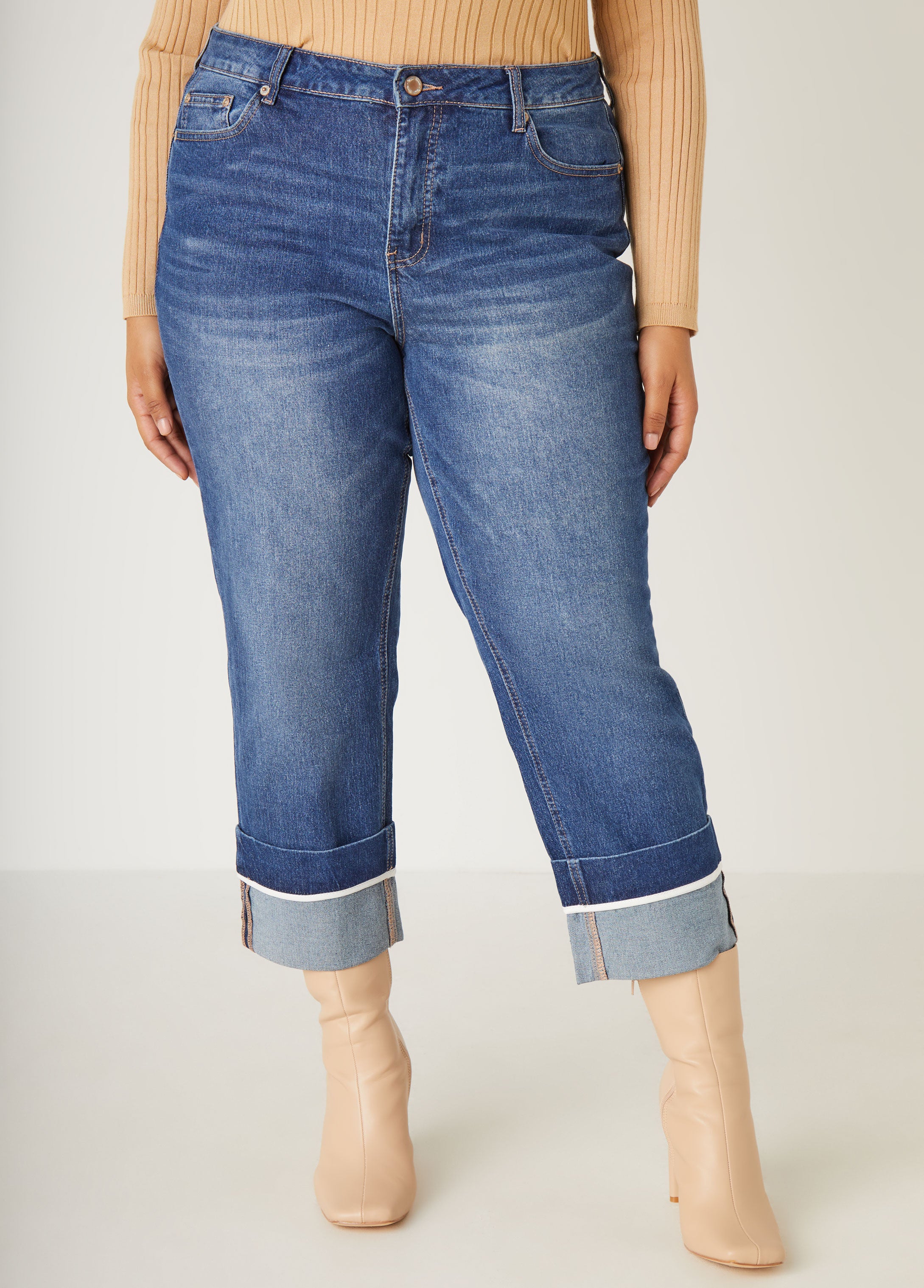 Plus Size Cuffed Wide Leg Jeans Denim Straight Leg Jeans