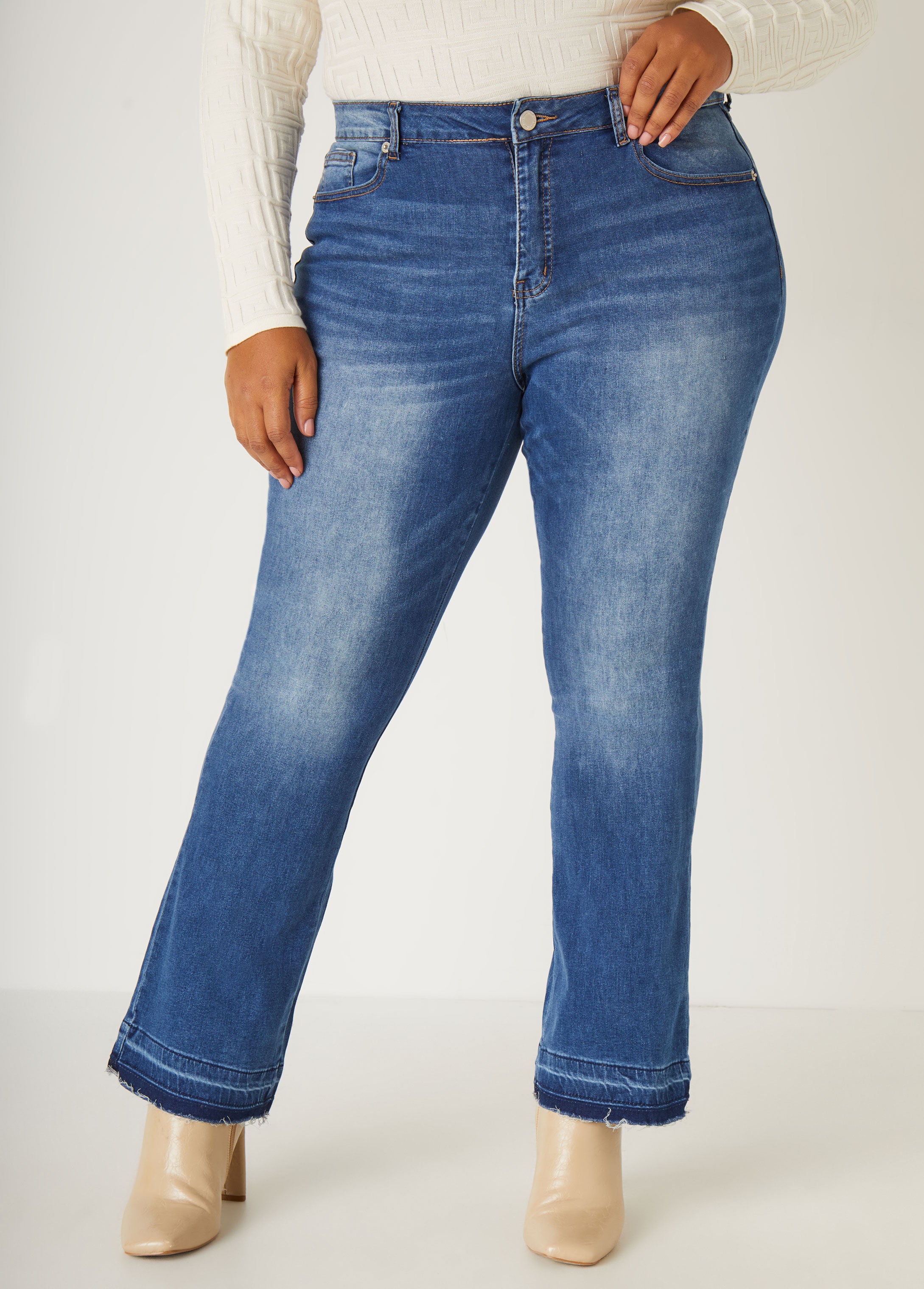 Plus Size Frayed Bootcut Jeans Denim Straight Leg Jeans