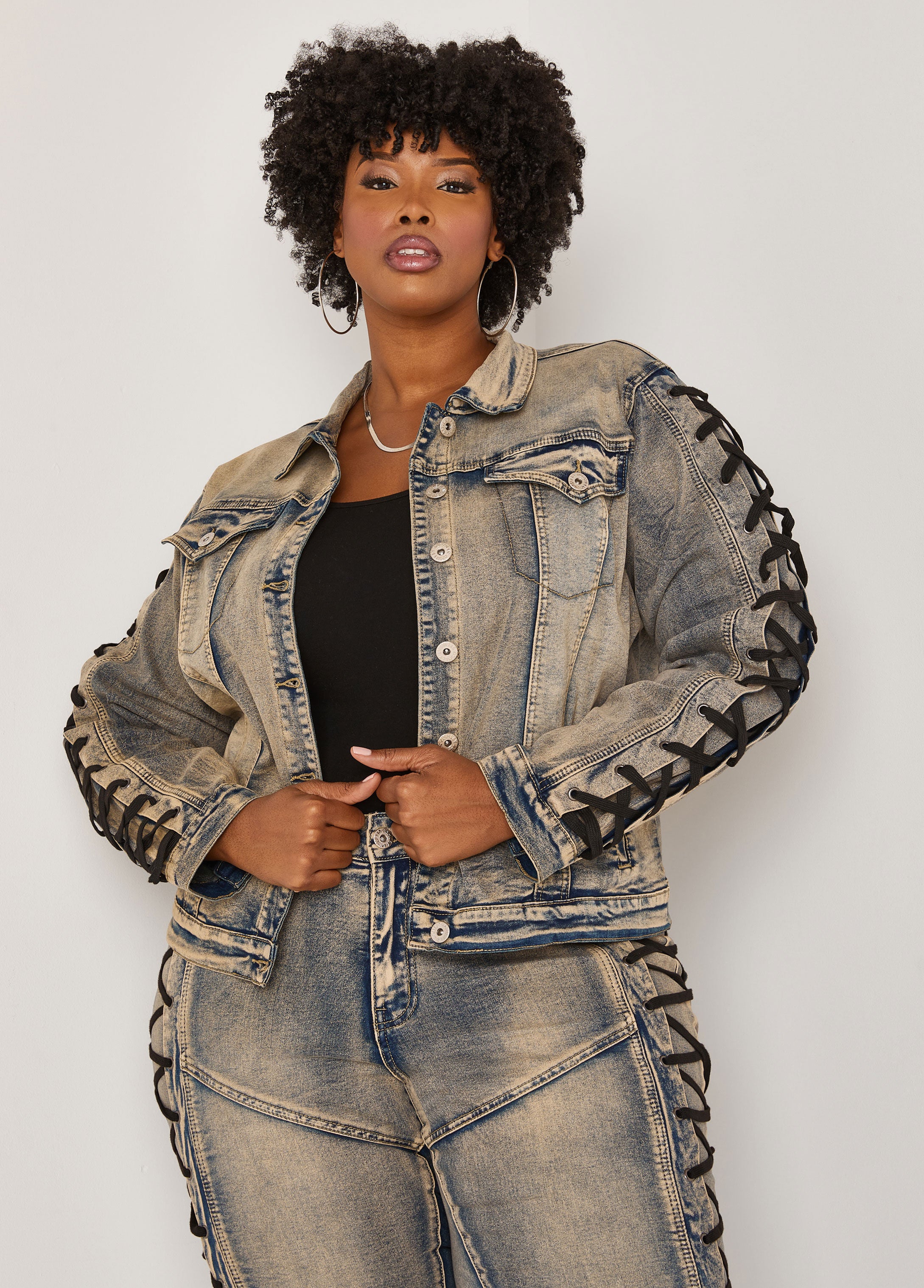 Plus Size Lace Up Denim Jacket Plus Size Jean Jacket Set