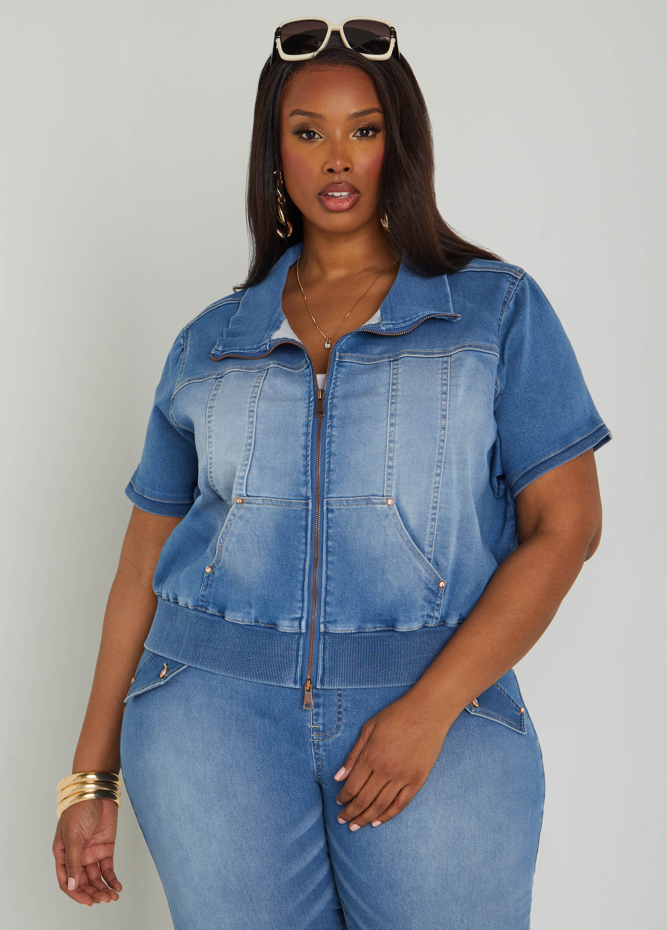 Plus Size Zip Front Denim Jacket