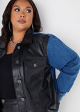 Faux Leather Paneled Denim Jacket