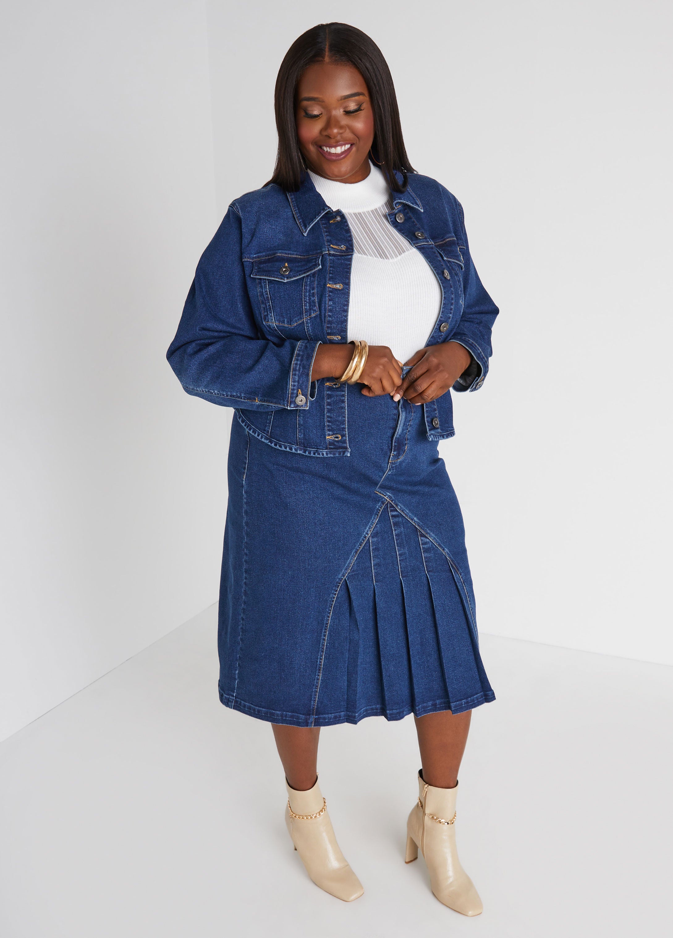 Plus Size pleated maxi denim skirt plus size jean skirt set