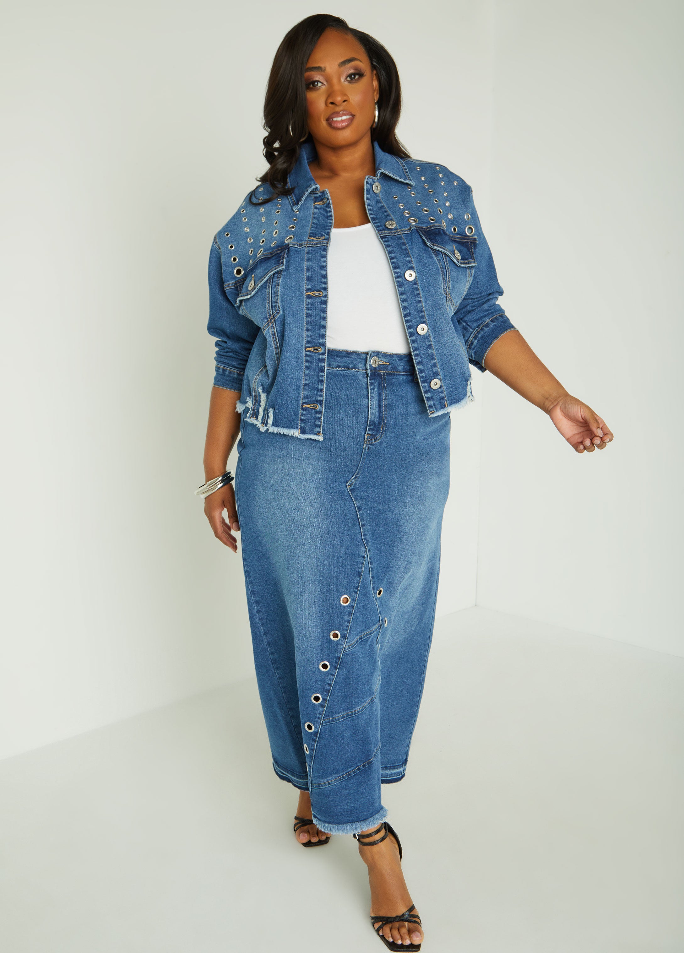 Plus Size grommet maxi denim skirt plus size jean skirt