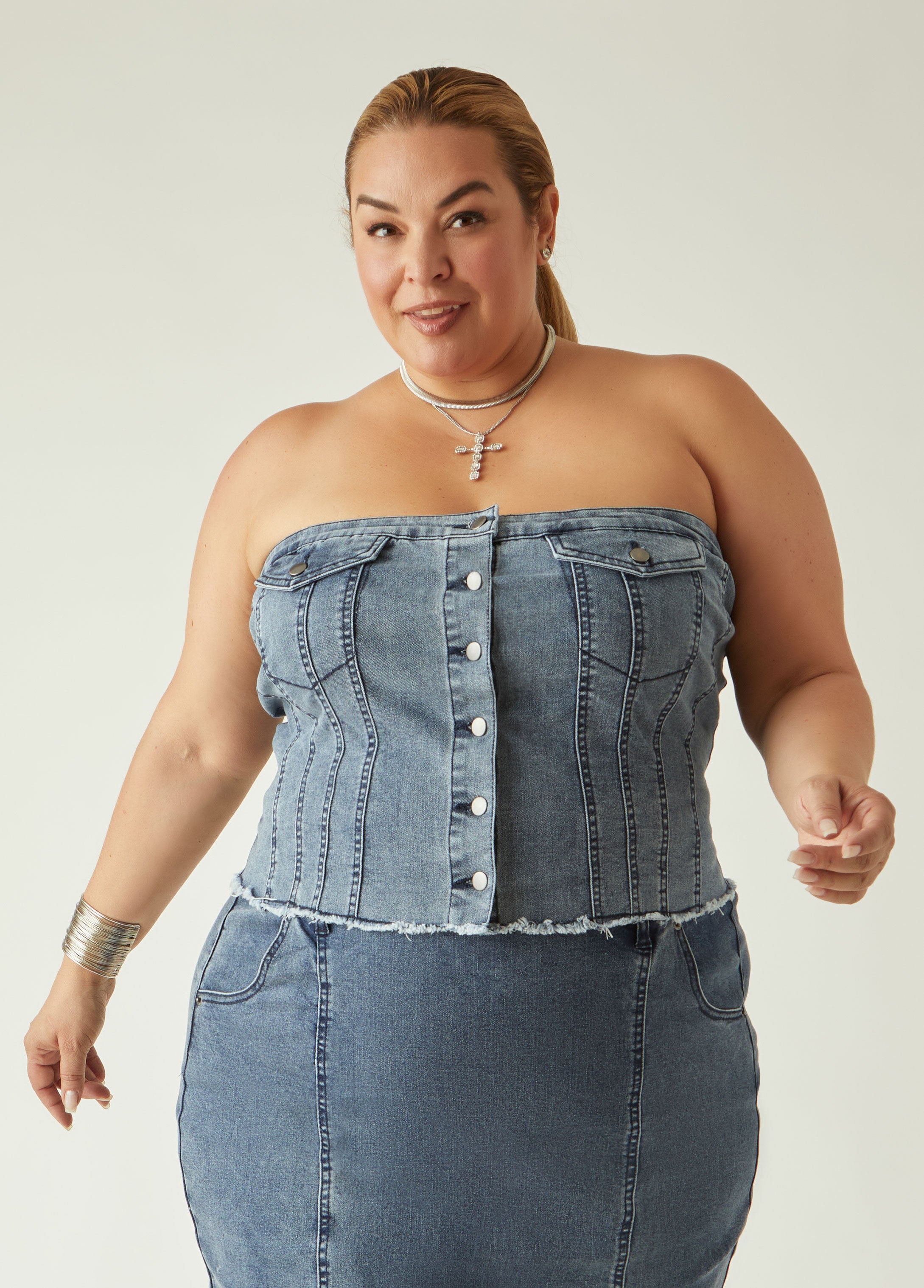 Plus Size denim bustier plus size strapless denim corset jean top set