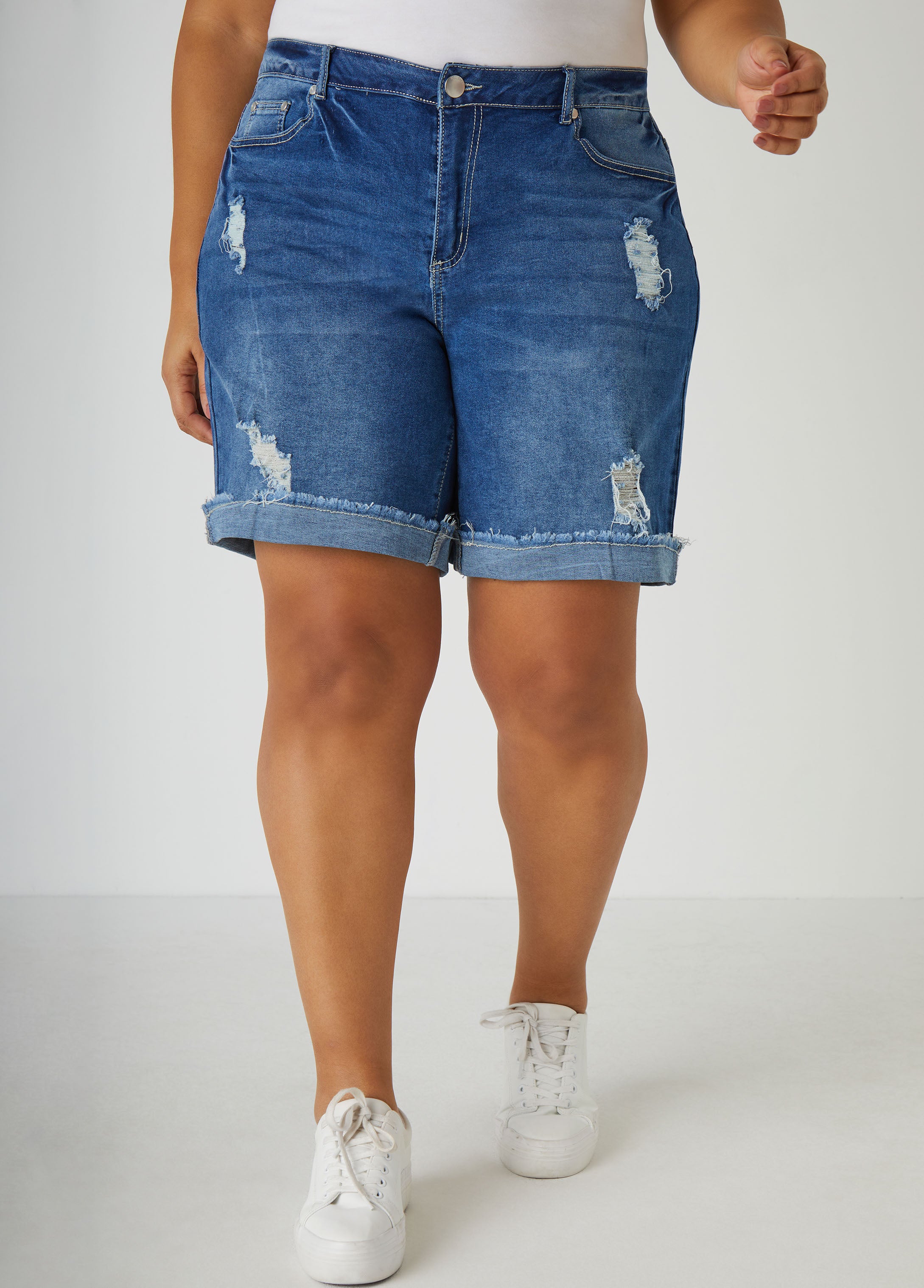 Plus Size High Rise Jean Shorts Plus Size Distressed Denim Shorts 