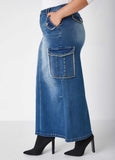 Frayed Denim Cargo Maxi Skirt