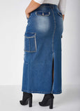 Frayed Denim Cargo Maxi Skirt