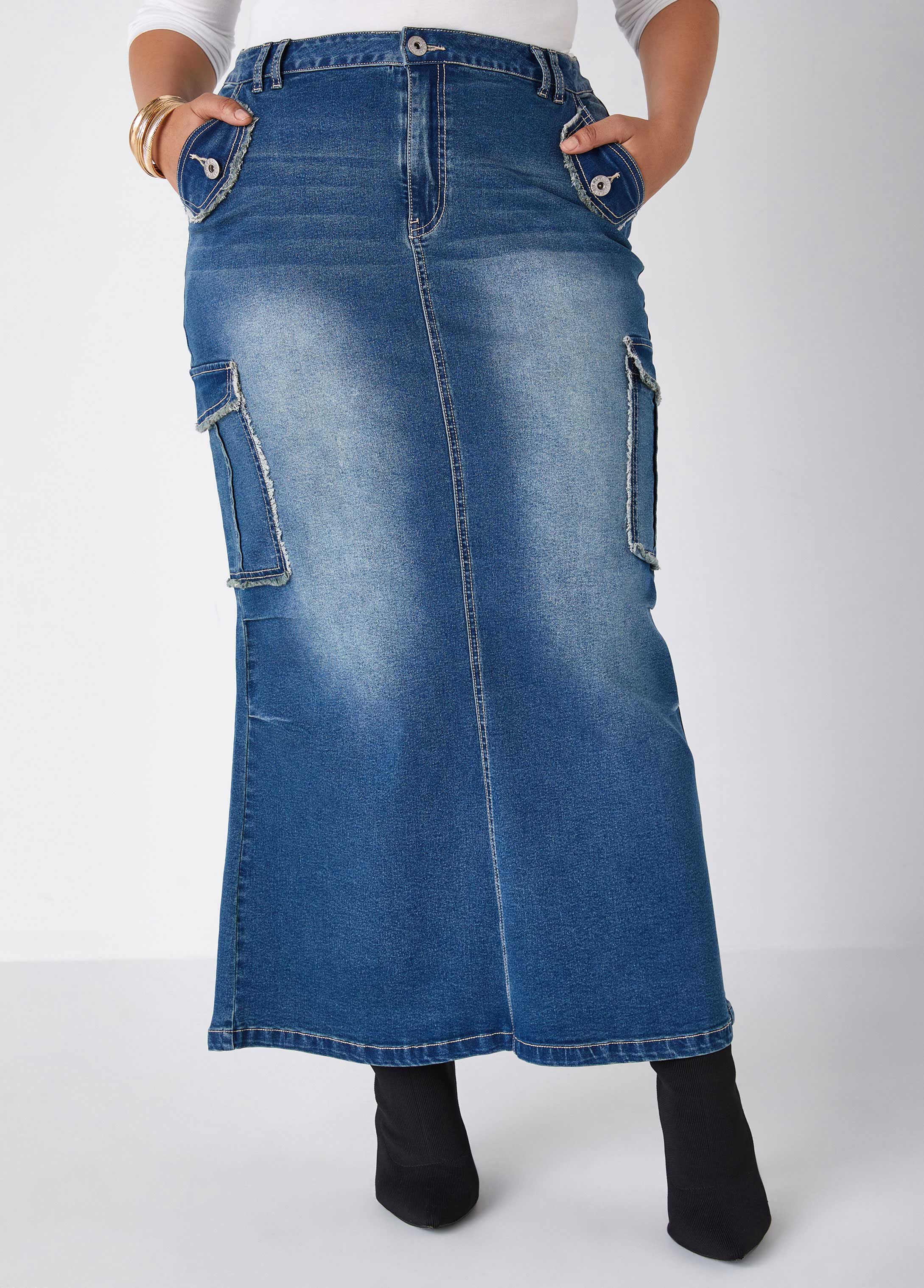 Plus Size frayed maxi denim cargo skirt sexy plus size jean skirt