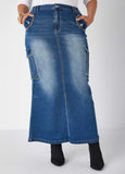 Plus Size frayed maxi denim cargo skirt sexy plus size jean skirt