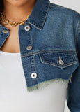 Plus Size frayed super crop denim jacket jean jacket matching set