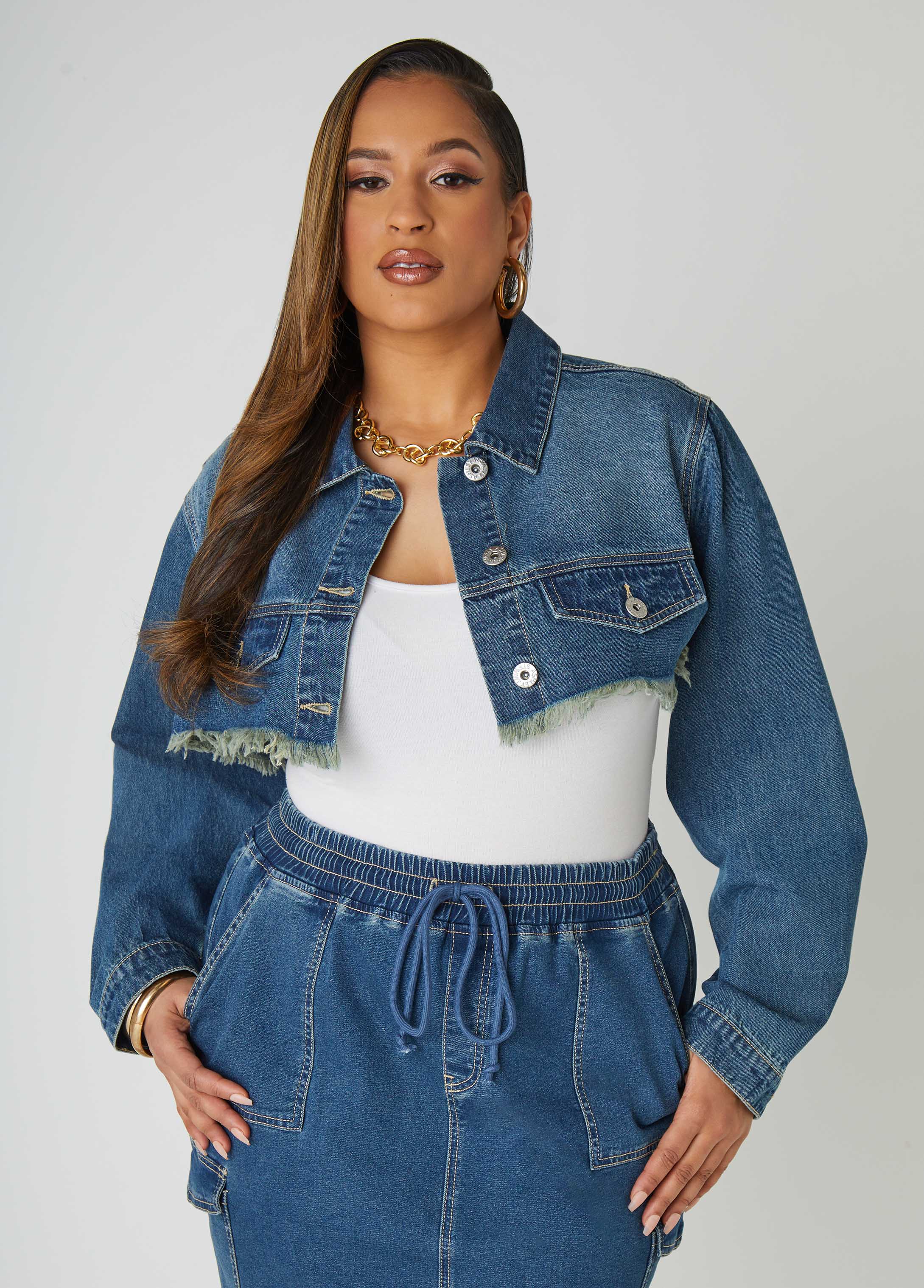 Plus Size frayed super crop denim jacket jean jacket matching set