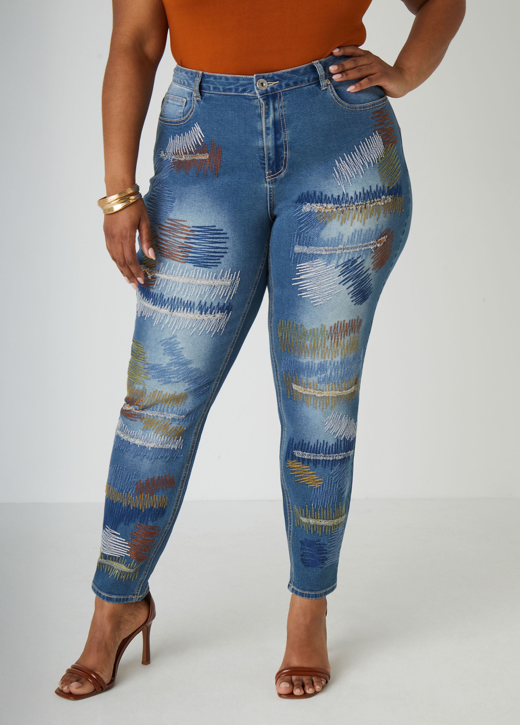 Plus Size Mid Rise Skinny Jeans Plus Size Stitched Denim Jeans