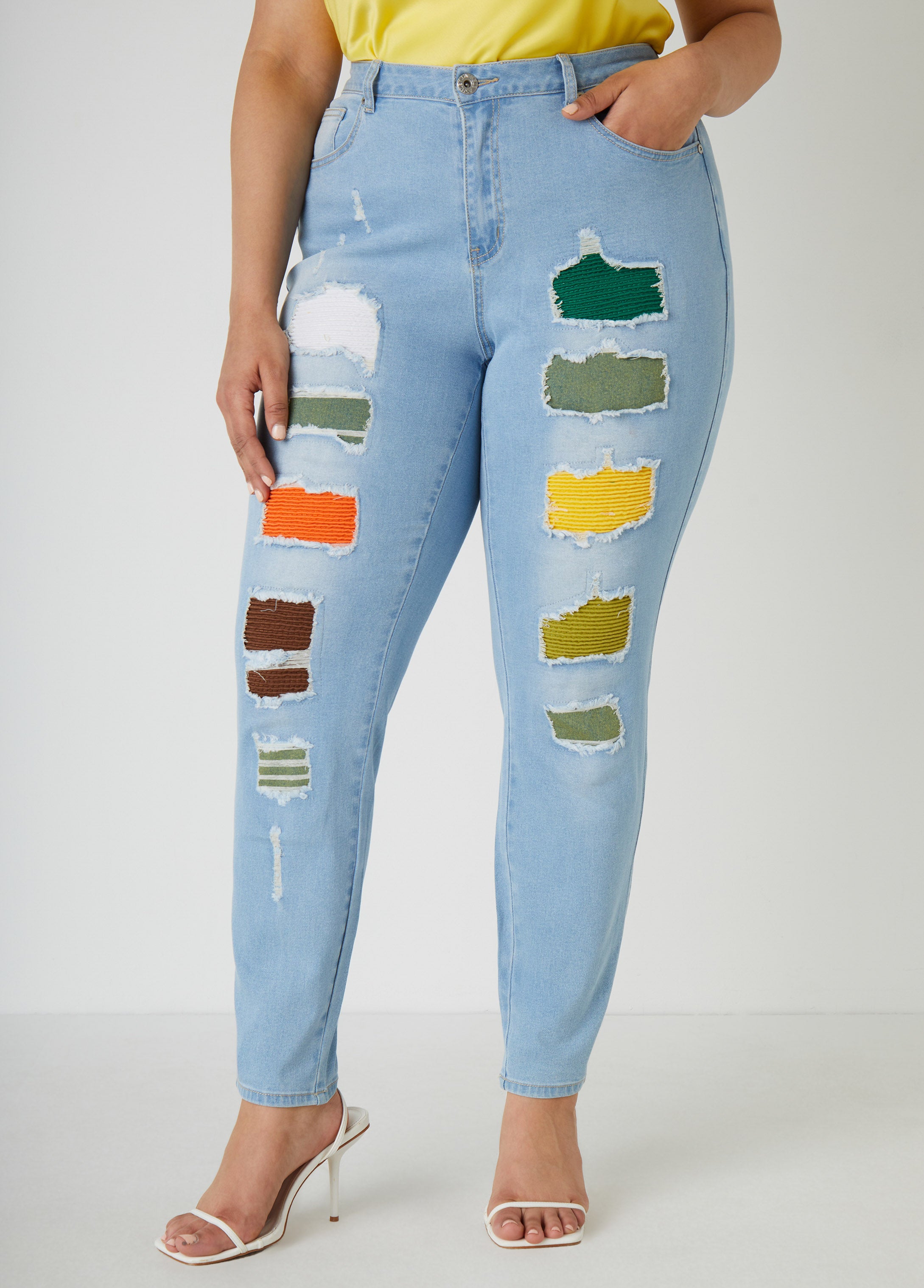 Plus Size Ribbed Skinny Jeans High Rise Cutout Distressed Jeans