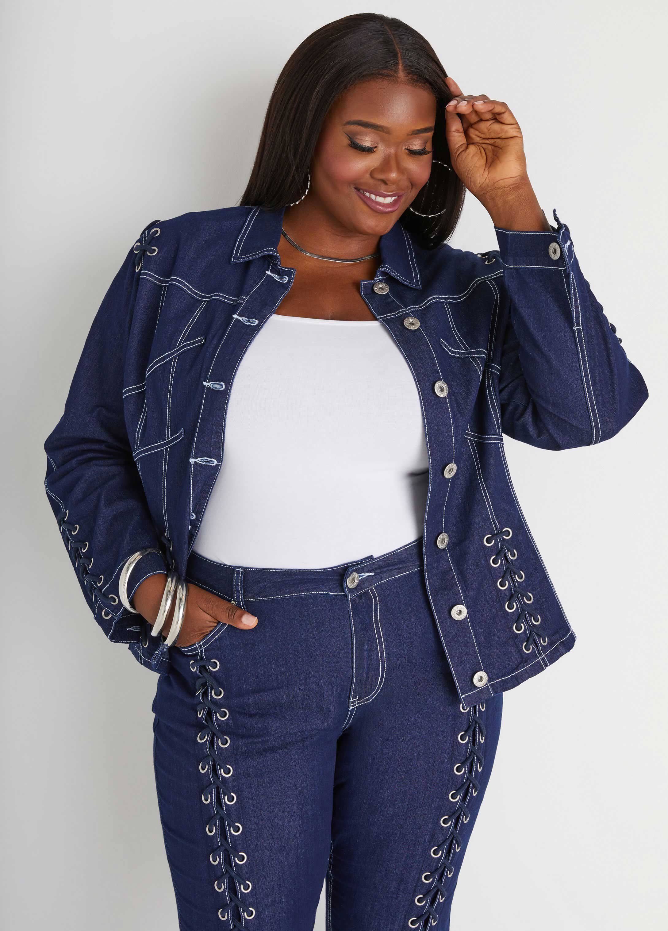 Plus Size Trendy Lace Up Denim Jacket Plus Size Jean Jacket Set