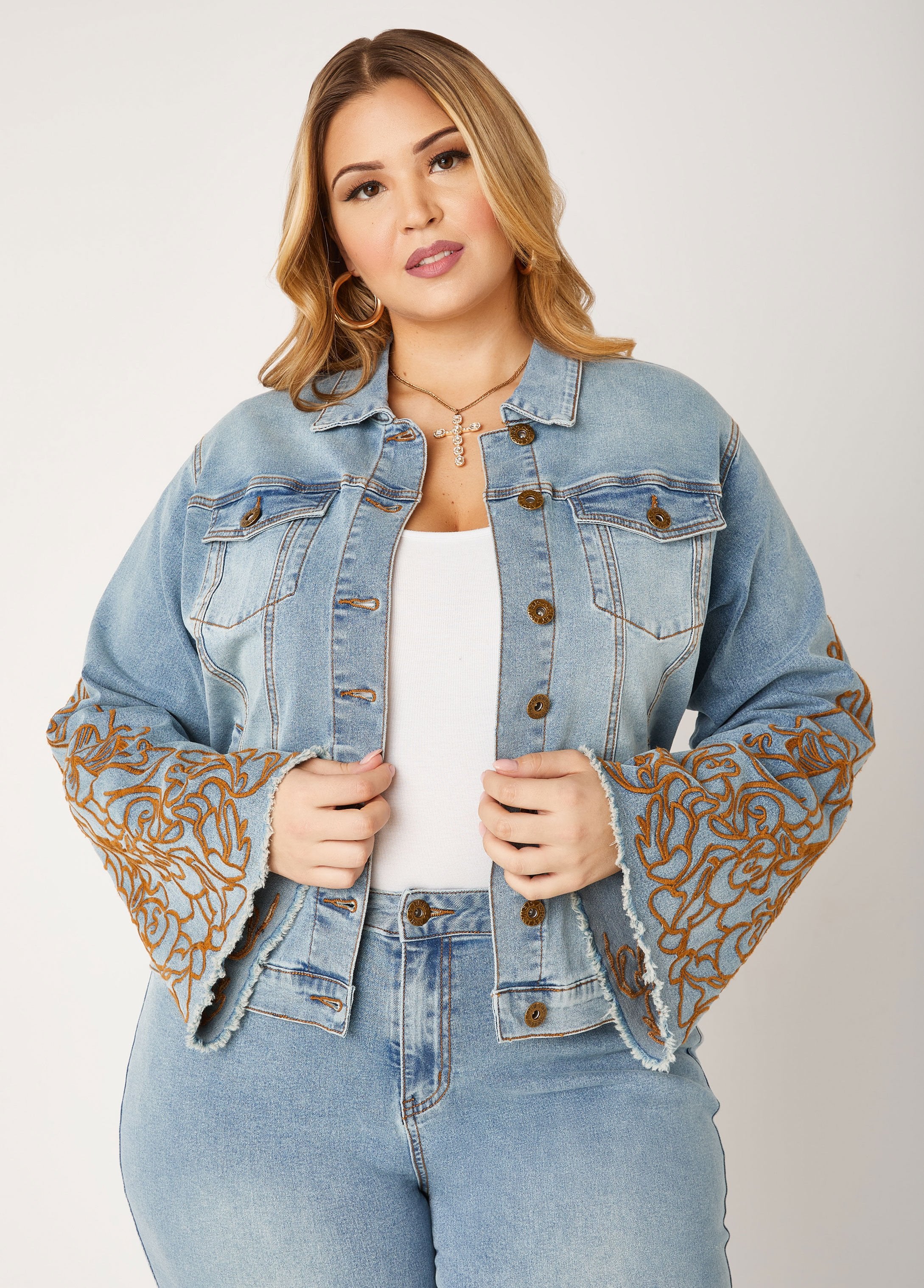 Plus Size Embroidered Denim Jacket Plus Size Jean Jacket Set