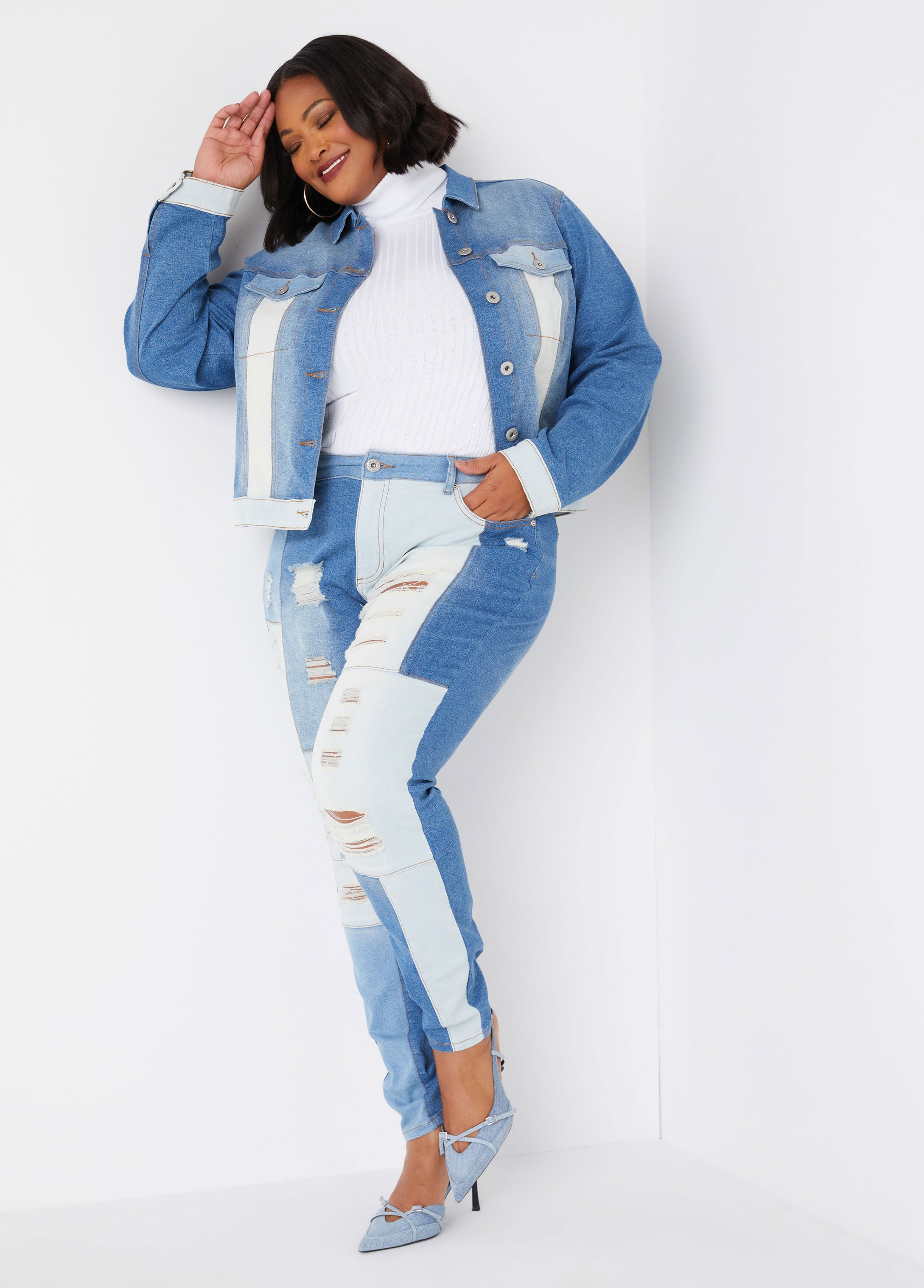 Plus Size coloblock skinny jeans plus size distressed jeans set