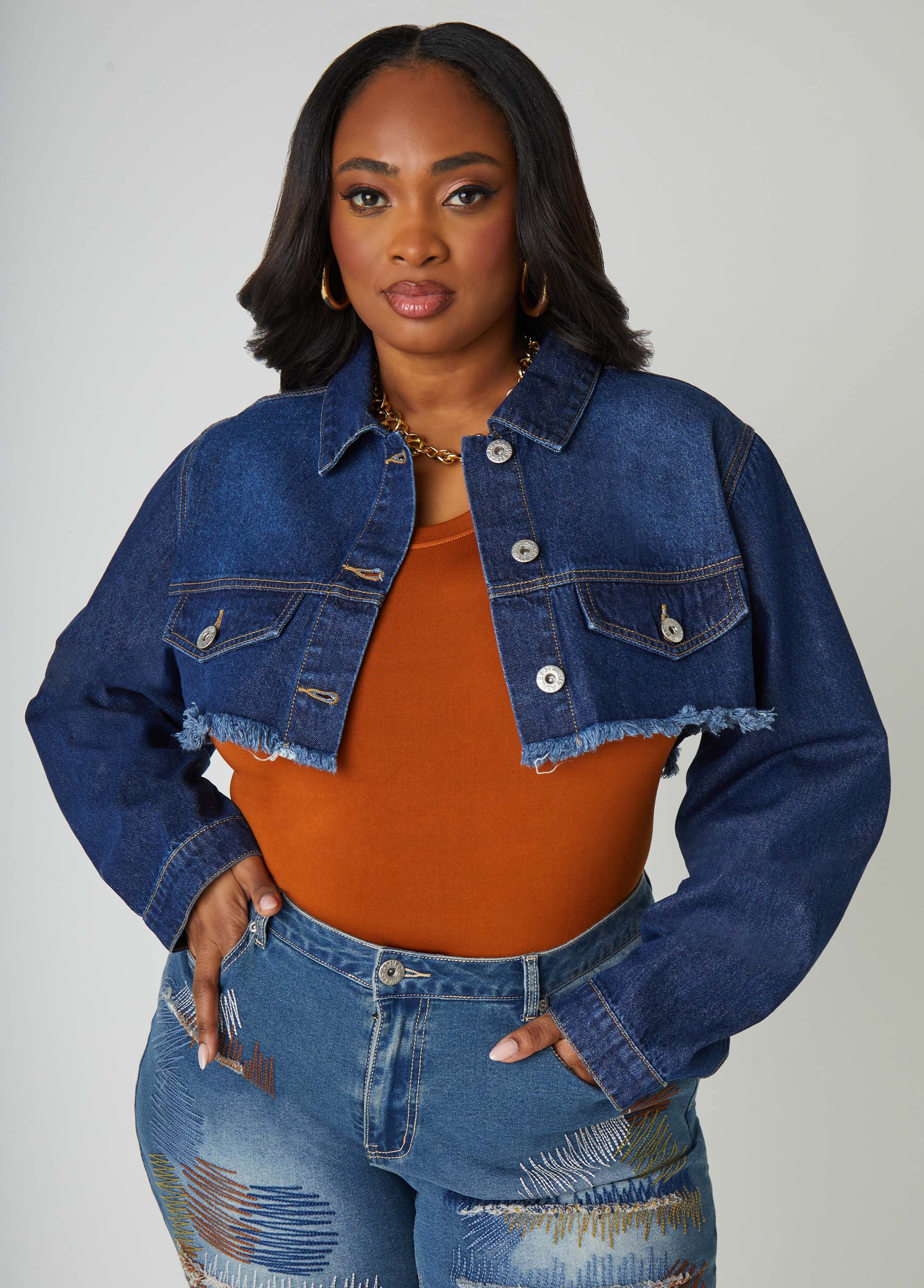 Plus Size distressed super crop denim jacket frayed jean jacket