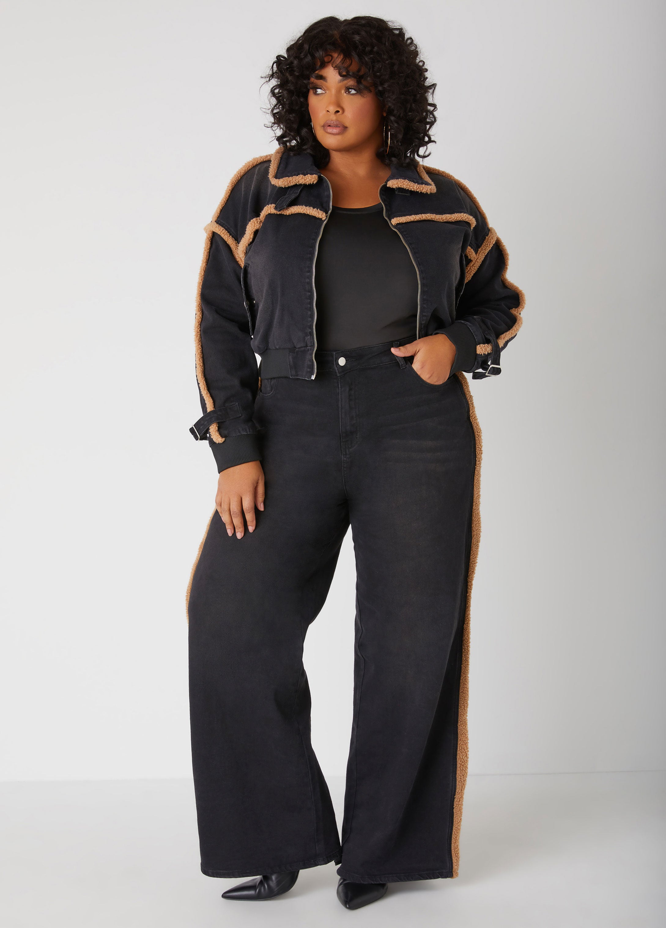 Plus Size High Rise Sherpa Trimmed Denim Wide Leg Jeans Set