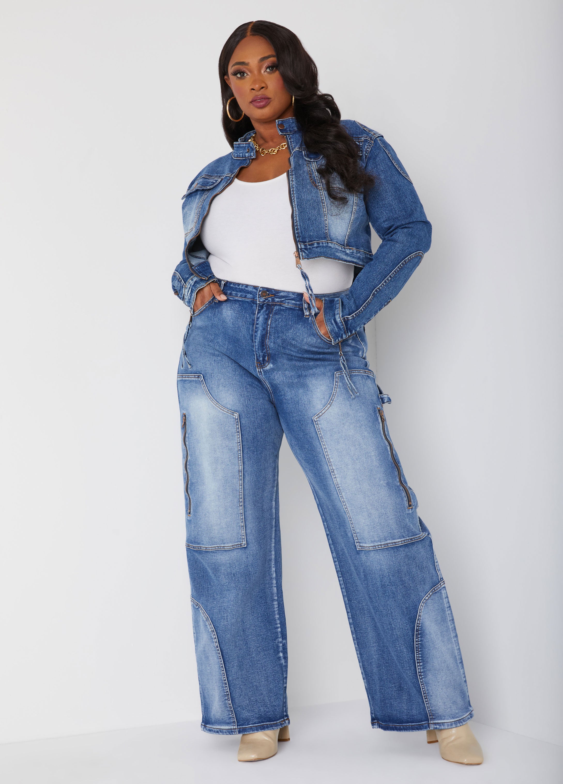 Plus Size High Rise Zip Denim Wide Leg Jeans Cargo Jeans