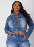 Plus Size cropped zip denim jacket plus size jean jacket set