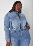 Plus Size cropped zipped denim jacket plus size jean jacket set