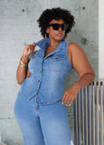 Plus Size Sleeveless Denim Vest Plus Size Cuff Jean Matching Set